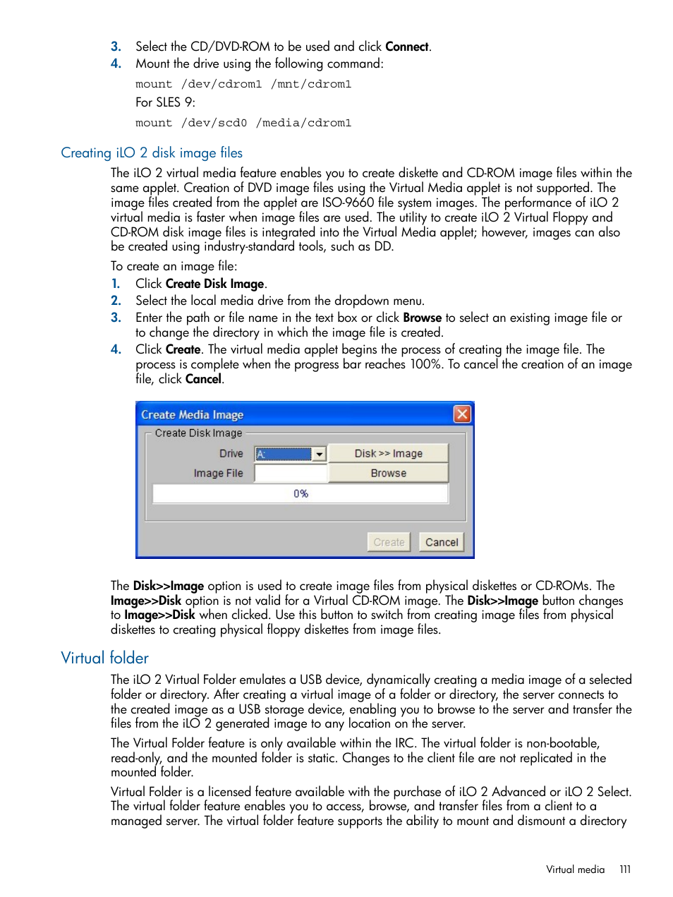 Creating ilo 2 disk image files, Virtual folder | HP Integrated Lights-Out 2 User Manual | Page 111 / 224