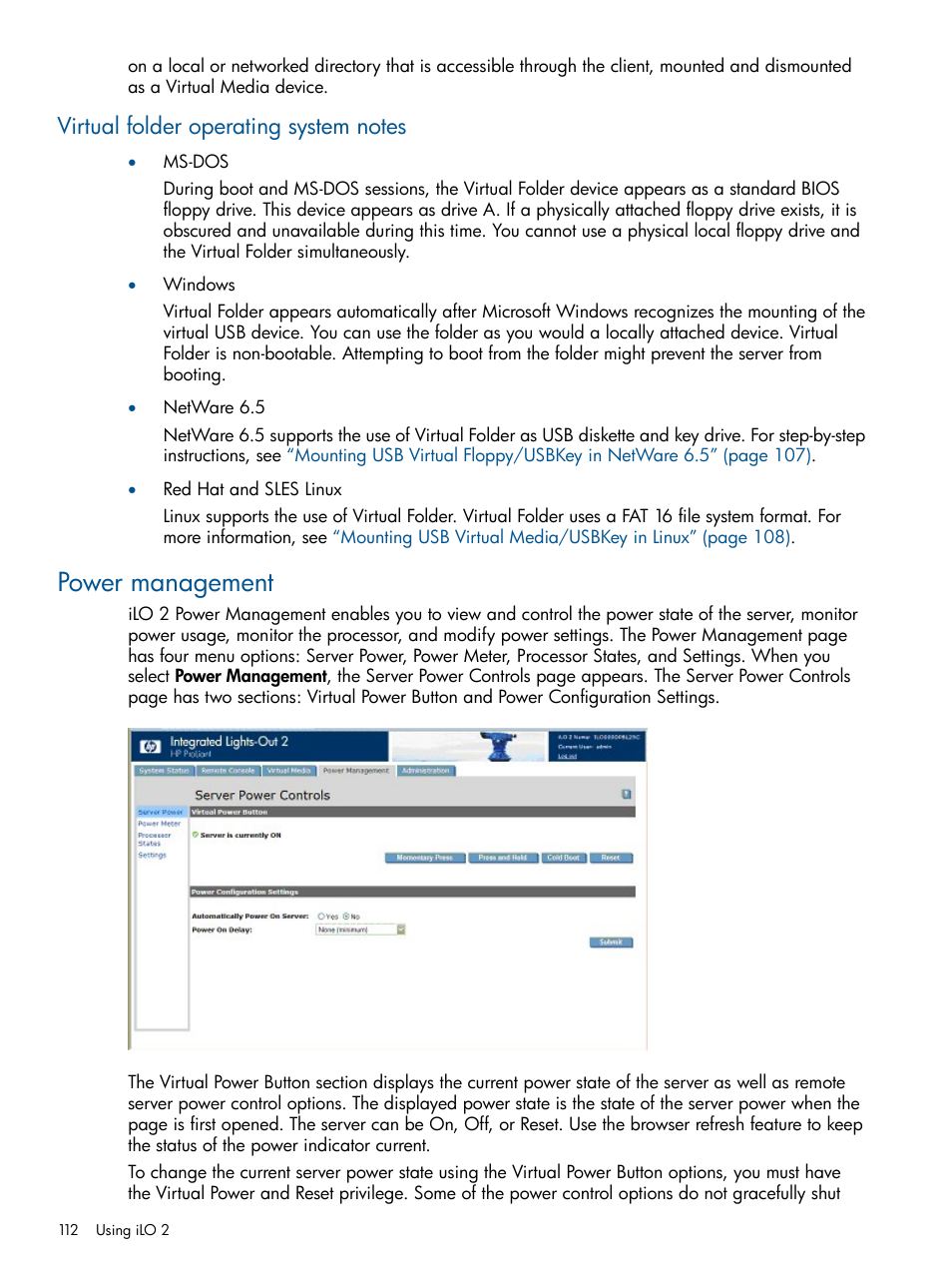 Virtual folder operating system notes, Power management | HP Integrated Lights-Out 2 User Manual | Page 112 / 224