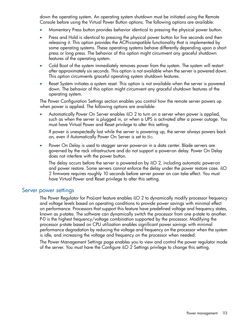 Server power settings | HP Integrated Lights-Out 2 User Manual | Page 113 / 224