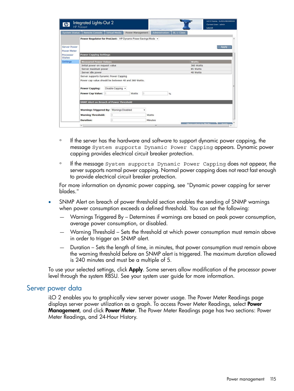 Server power data | HP Integrated Lights-Out 2 User Manual | Page 115 / 224