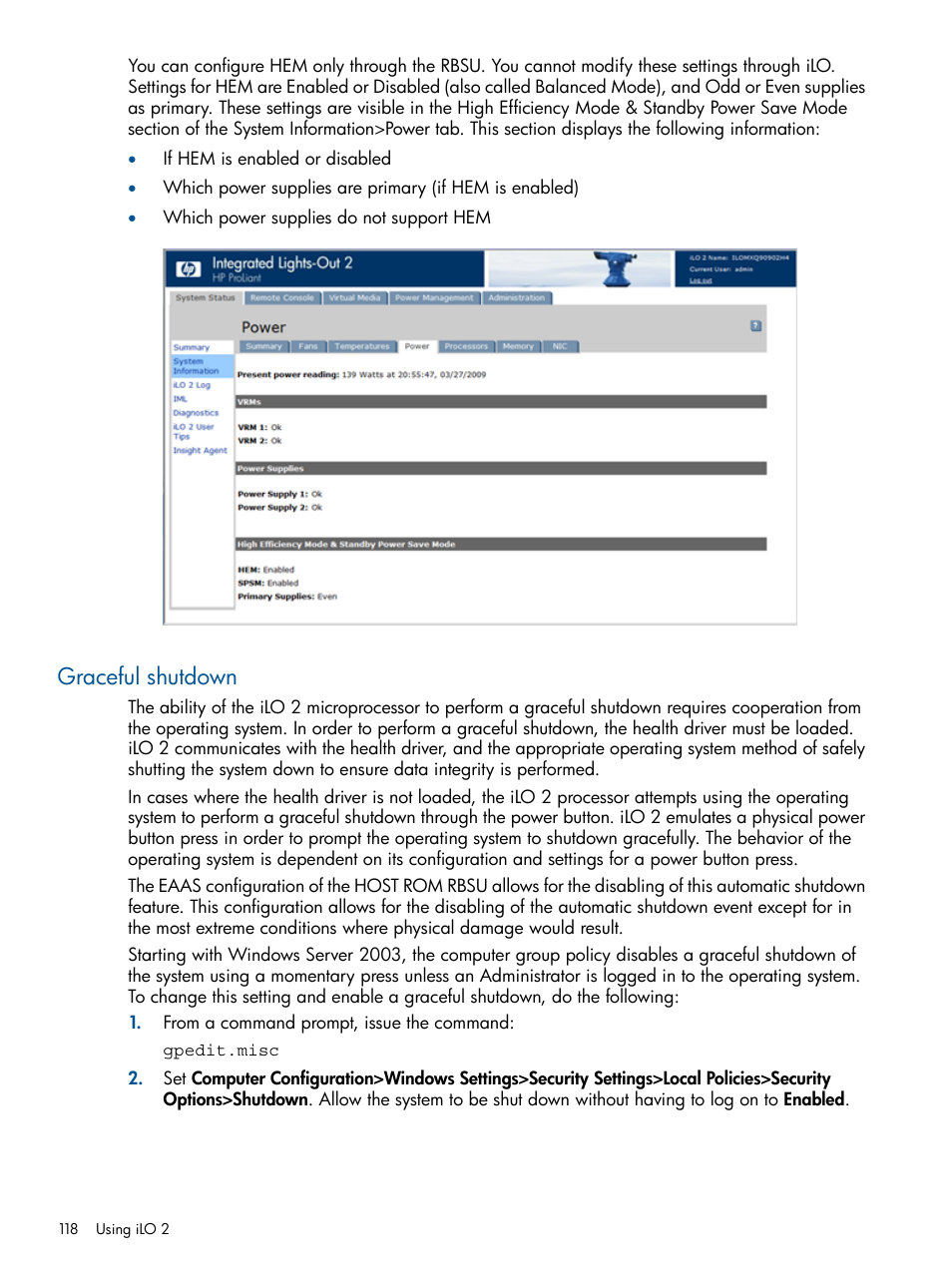 Graceful shutdown | HP Integrated Lights-Out 2 User Manual | Page 118 / 224