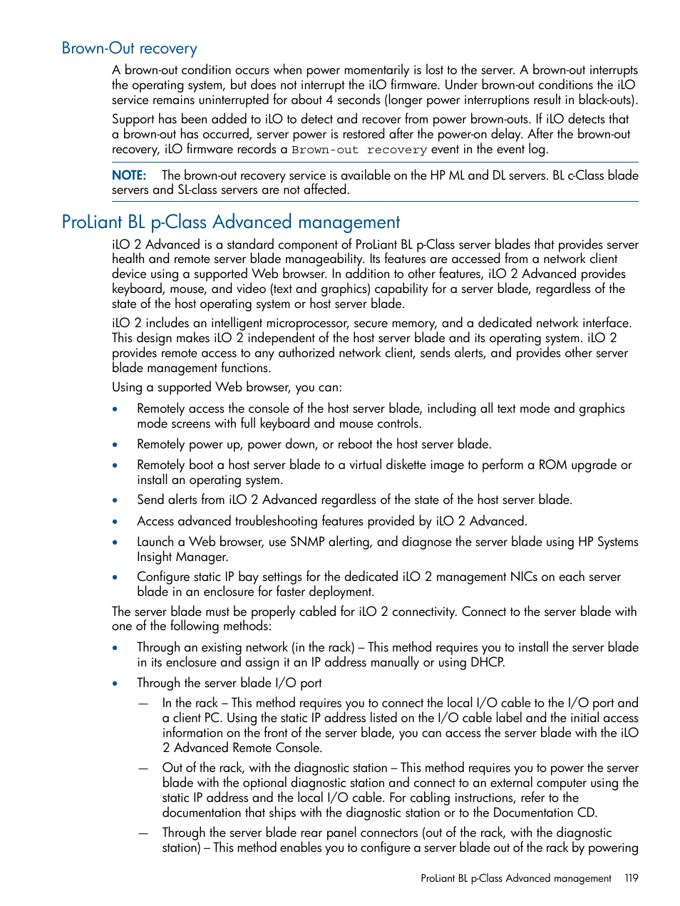 Brown-out recovery, Proliant bl p-class advanced management | HP Integrated Lights-Out 2 User Manual | Page 119 / 224