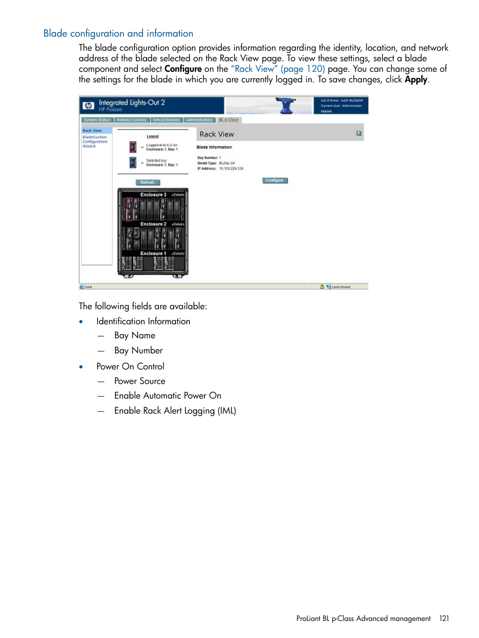 Blade configuration and information | HP Integrated Lights-Out 2 User Manual | Page 121 / 224