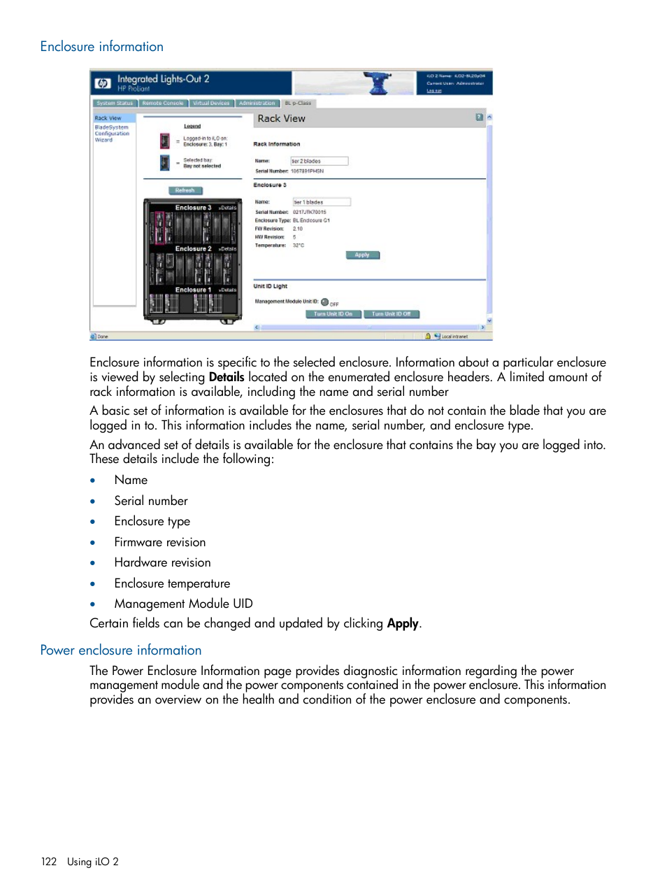 Enclosure information, Power enclosure information, Enclosure information power enclosure information | HP Integrated Lights-Out 2 User Manual | Page 122 / 224