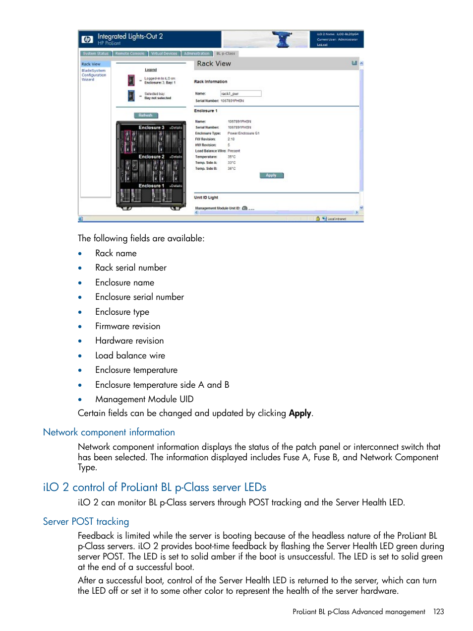 Network component information, Ilo 2 control of proliant bl p-class server leds, Server post tracking | HP Integrated Lights-Out 2 User Manual | Page 123 / 224