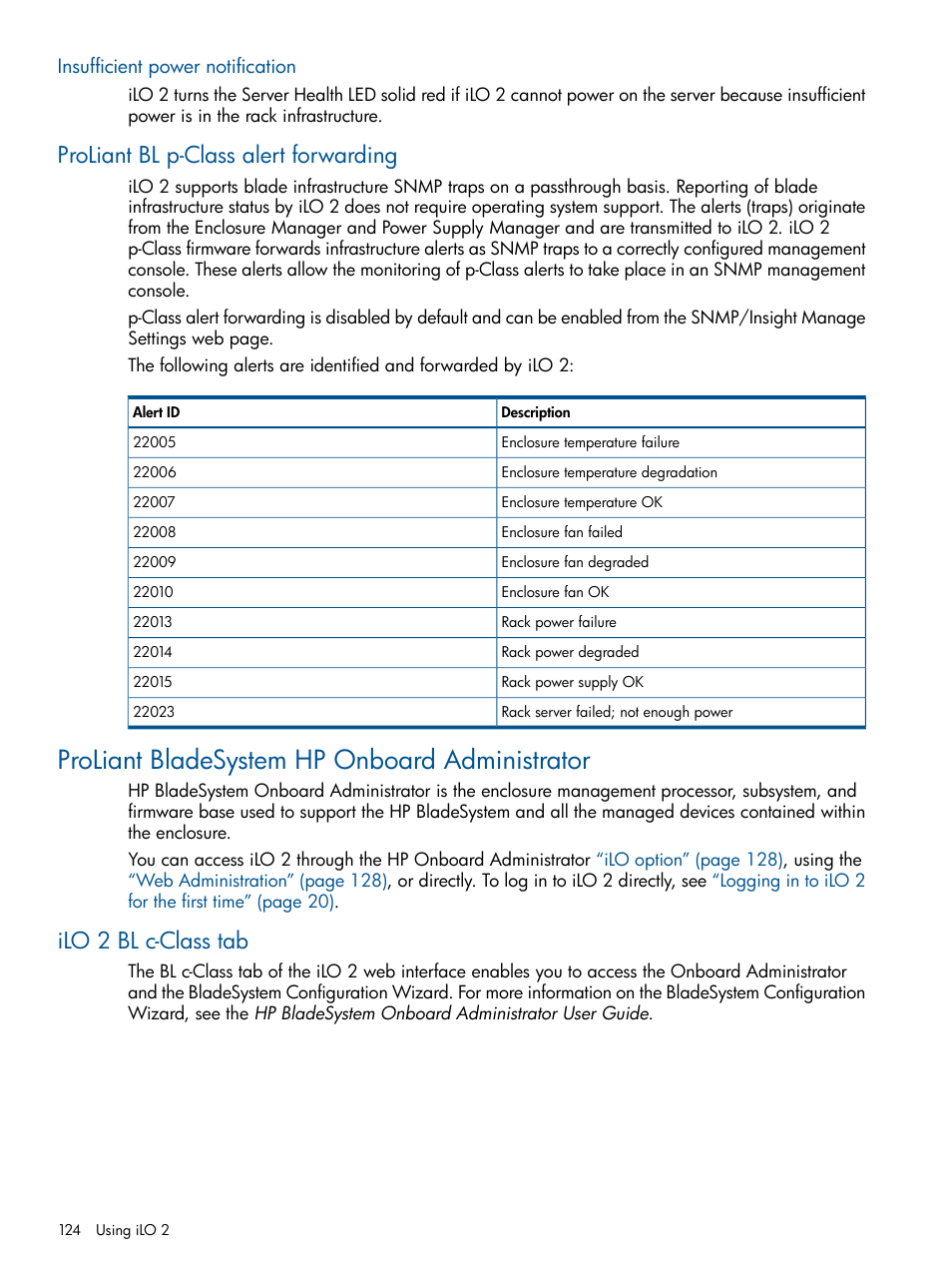 Insufficient power notification, Proliant bl p-class alert forwarding, Proliant bladesystem hp onboard administrator | Ilo 2 bl c-class tab | HP Integrated Lights-Out 2 User Manual | Page 124 / 224