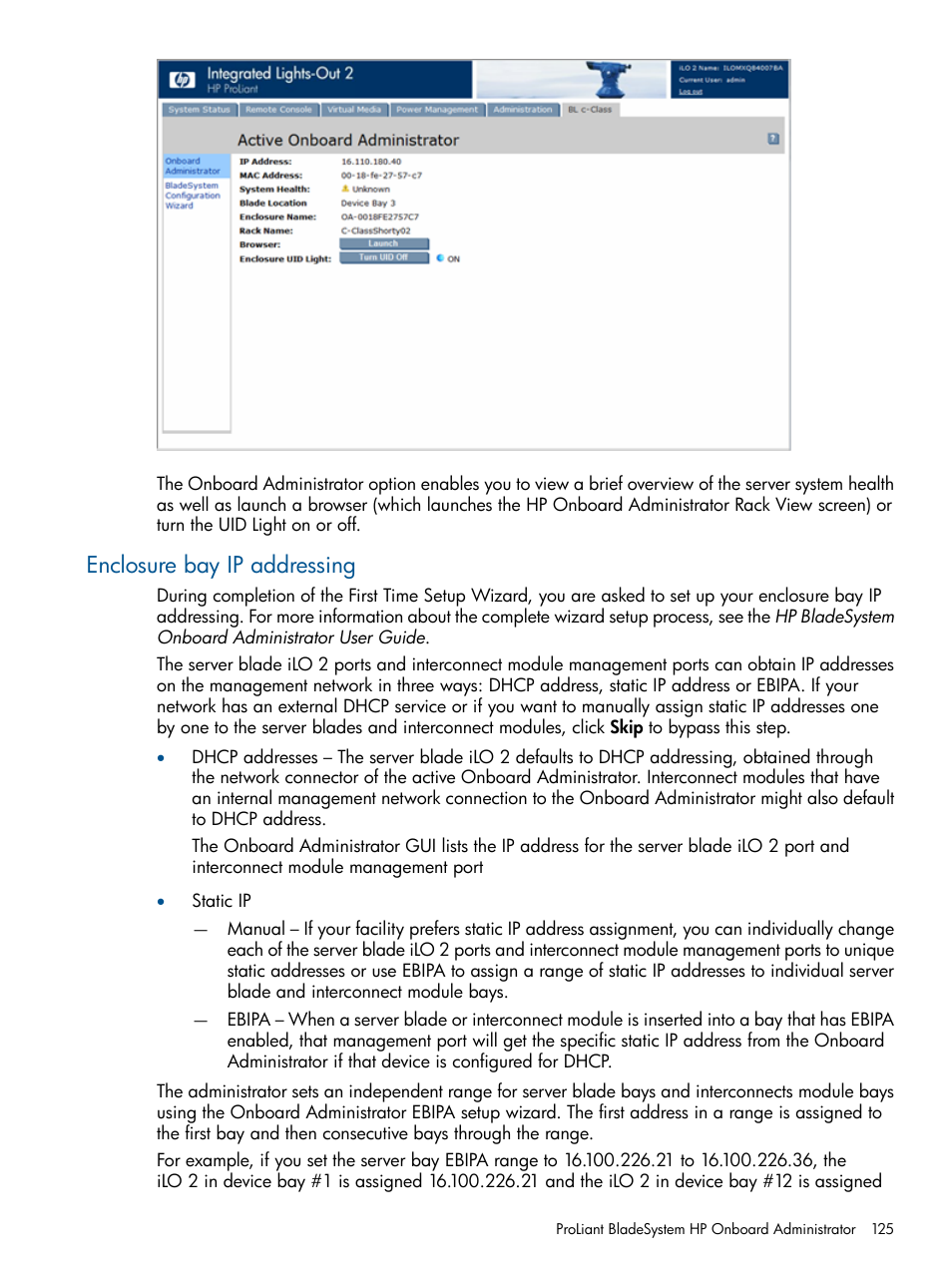 Enclosure bay ip addressing | HP Integrated Lights-Out 2 User Manual | Page 125 / 224