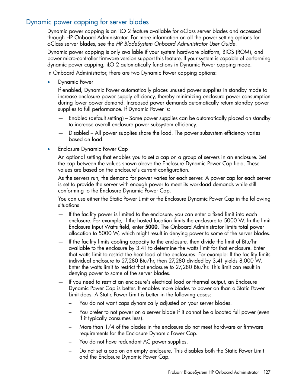 Dynamic power capping for server blades | HP Integrated Lights-Out 2 User Manual | Page 127 / 224