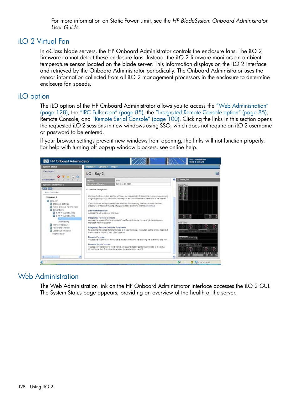 Ilo 2 virtual fan, Ilo option, Web administration | Ilo 2 virtual fan ilo option web administration | HP Integrated Lights-Out 2 User Manual | Page 128 / 224