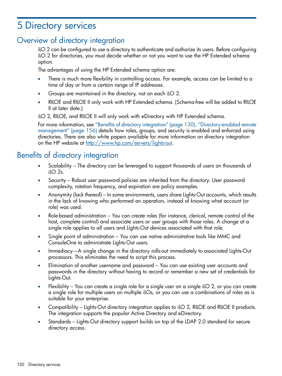 5 directory services, Overview of directory integration, Benefits of directory integration | HP Integrated Lights-Out 2 User Manual | Page 130 / 224