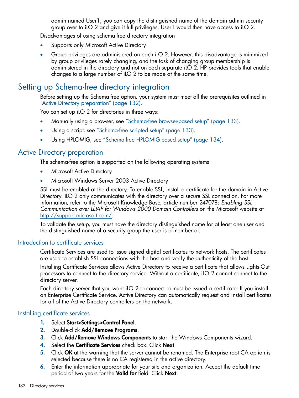 Setting up schema-free directory integration, Active directory preparation, Introduction to certificate services | Installing certificate services, Setting up schema-free directory | HP Integrated Lights-Out 2 User Manual | Page 132 / 224