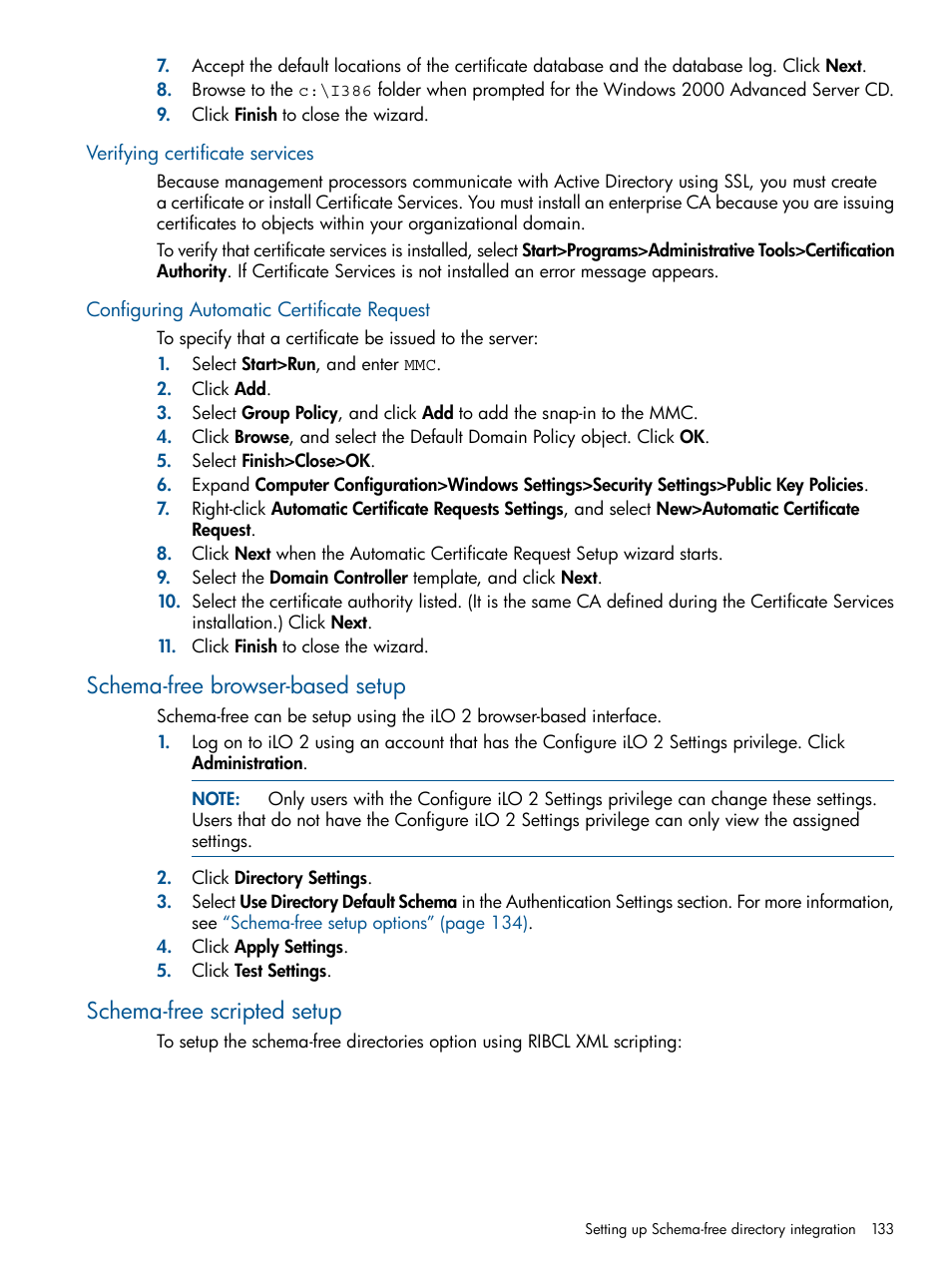 Verifying certificate services, Configuring automatic certificate request, Schema-free browser-based setup | Schema-free scripted setup | HP Integrated Lights-Out 2 User Manual | Page 133 / 224