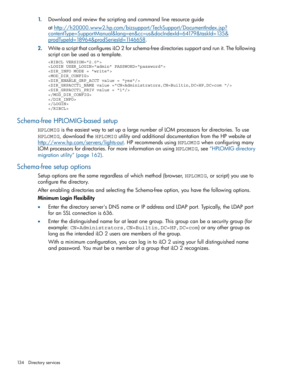 Schema-free hplomig-based setup, Schema-free setup options | HP Integrated Lights-Out 2 User Manual | Page 134 / 224