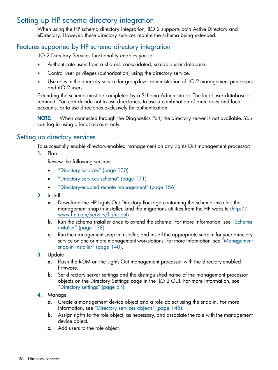 Setting up hp schema directory integration, Setting up directory services, Setting up hp schema | HP Integrated Lights-Out 2 User Manual | Page 136 / 224