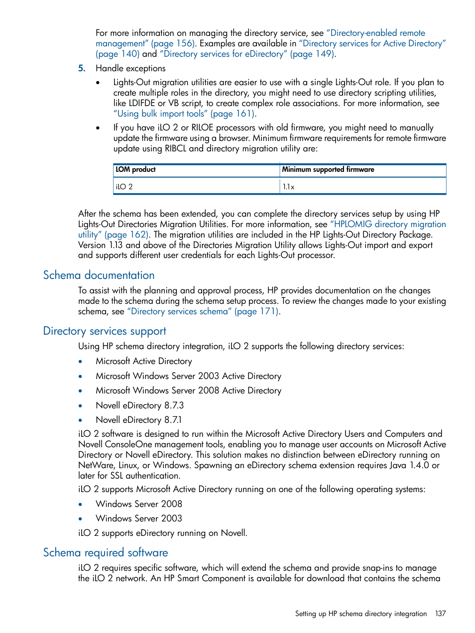 Schema documentation, Directory services support, Schema required software | HP Integrated Lights-Out 2 User Manual | Page 137 / 224