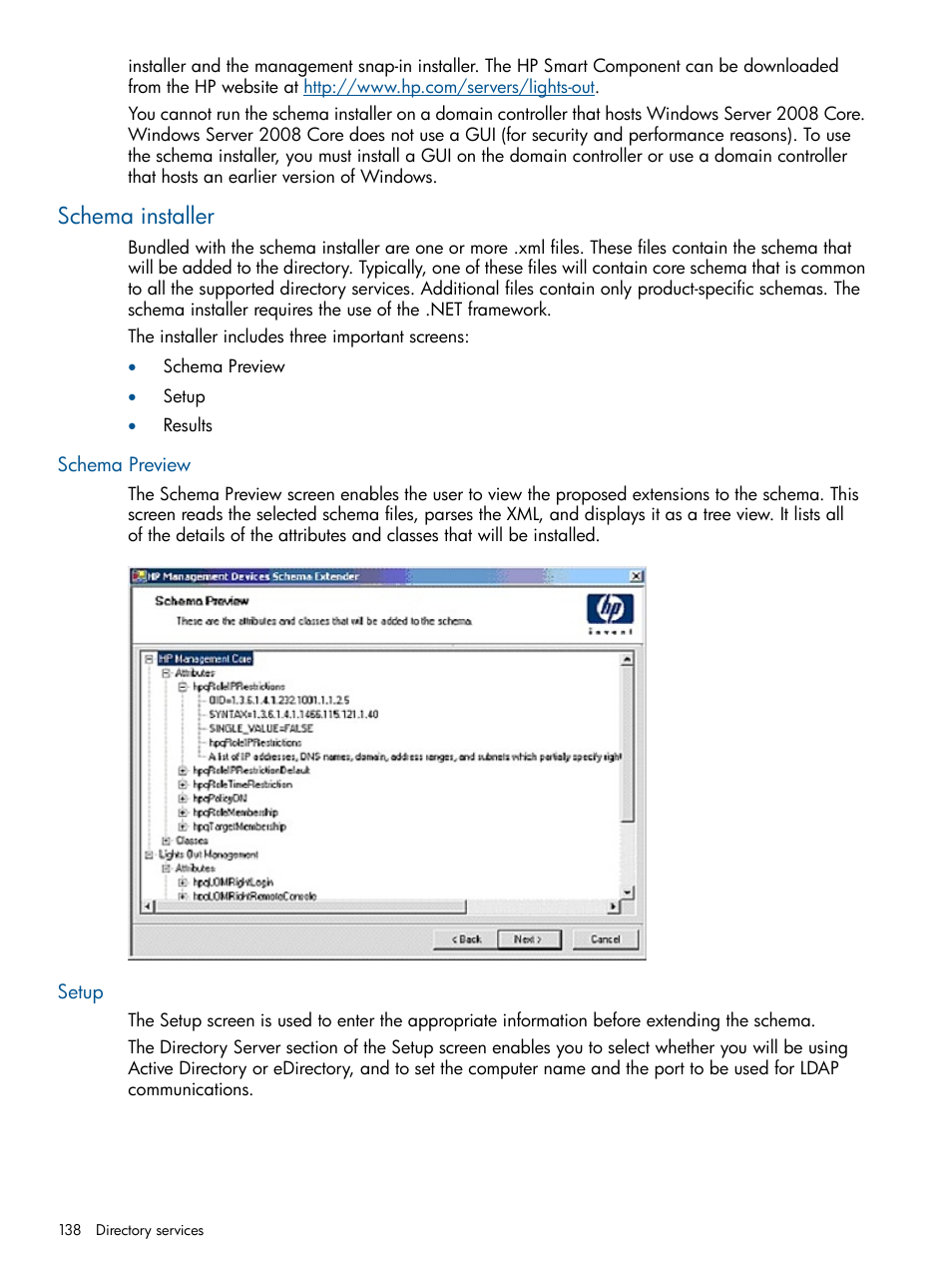 Schema installer, Schema preview, Setup | Schema preview setup, Schema | HP Integrated Lights-Out 2 User Manual | Page 138 / 224