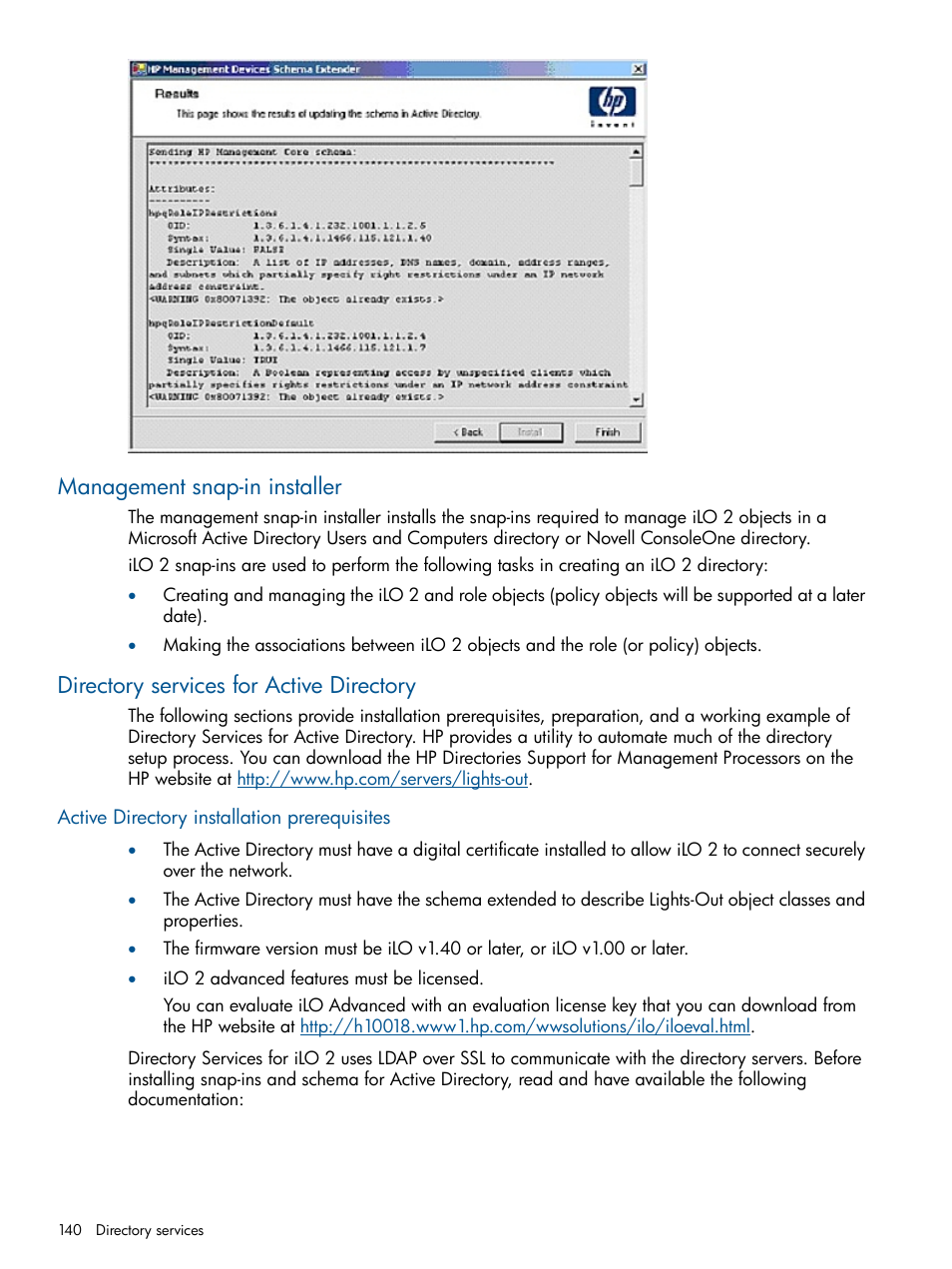 Management snap-in installer, Directory services for active directory, Active directory installation prerequisites | Management | HP Integrated Lights-Out 2 User Manual | Page 140 / 224