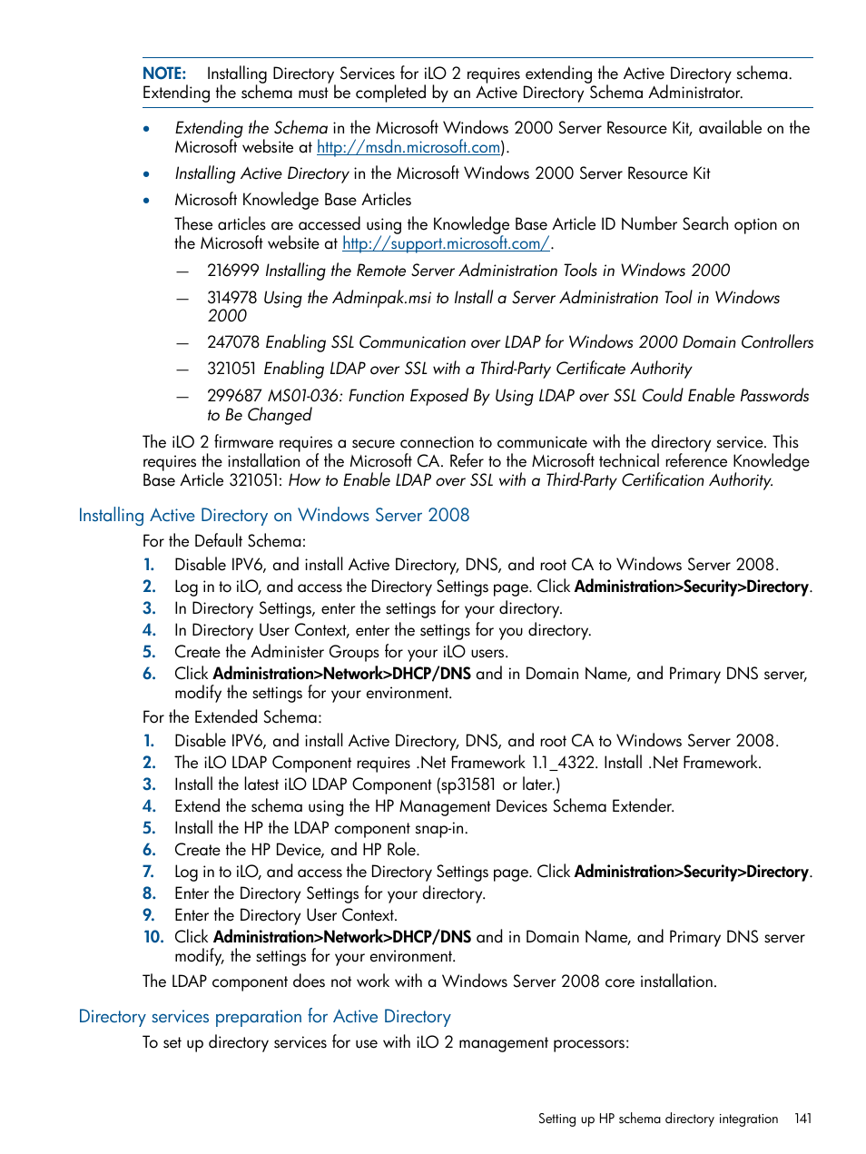 Installing active directory on windows server 2008 | HP Integrated Lights-Out 2 User Manual | Page 141 / 224