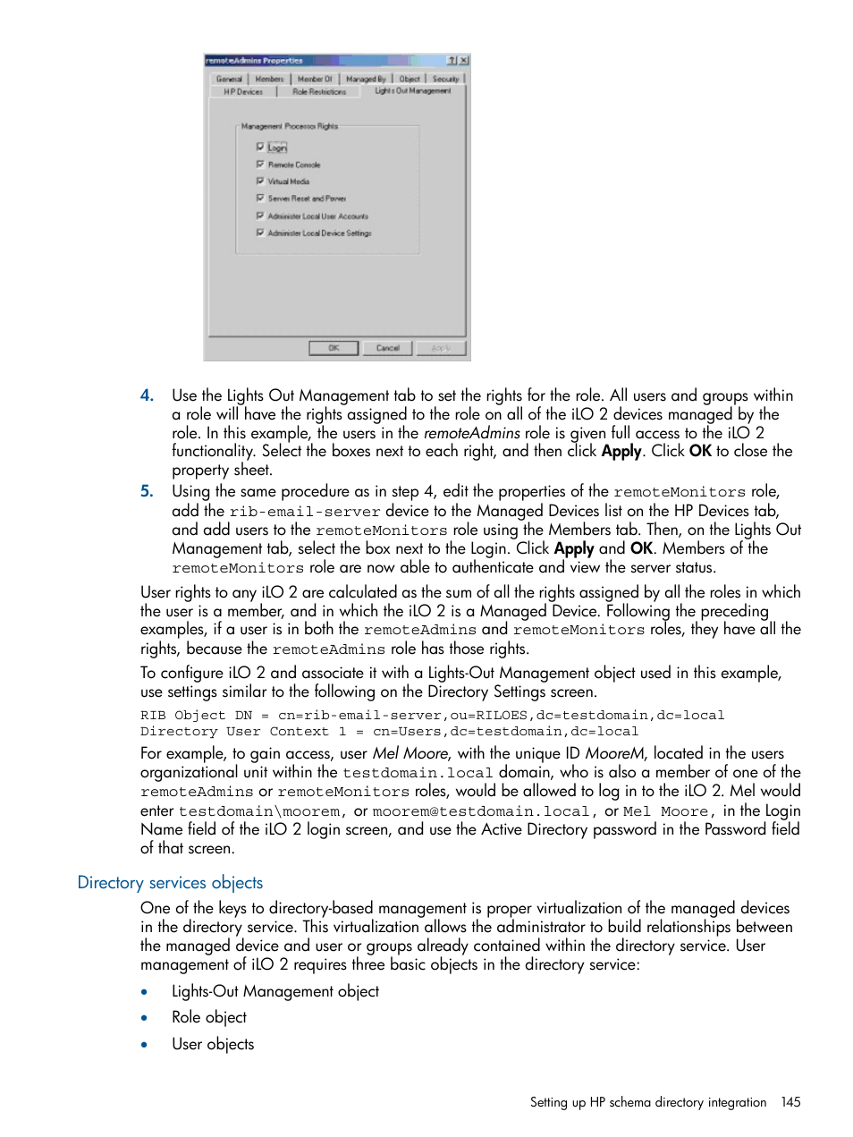 Directory services objects | HP Integrated Lights-Out 2 User Manual | Page 145 / 224