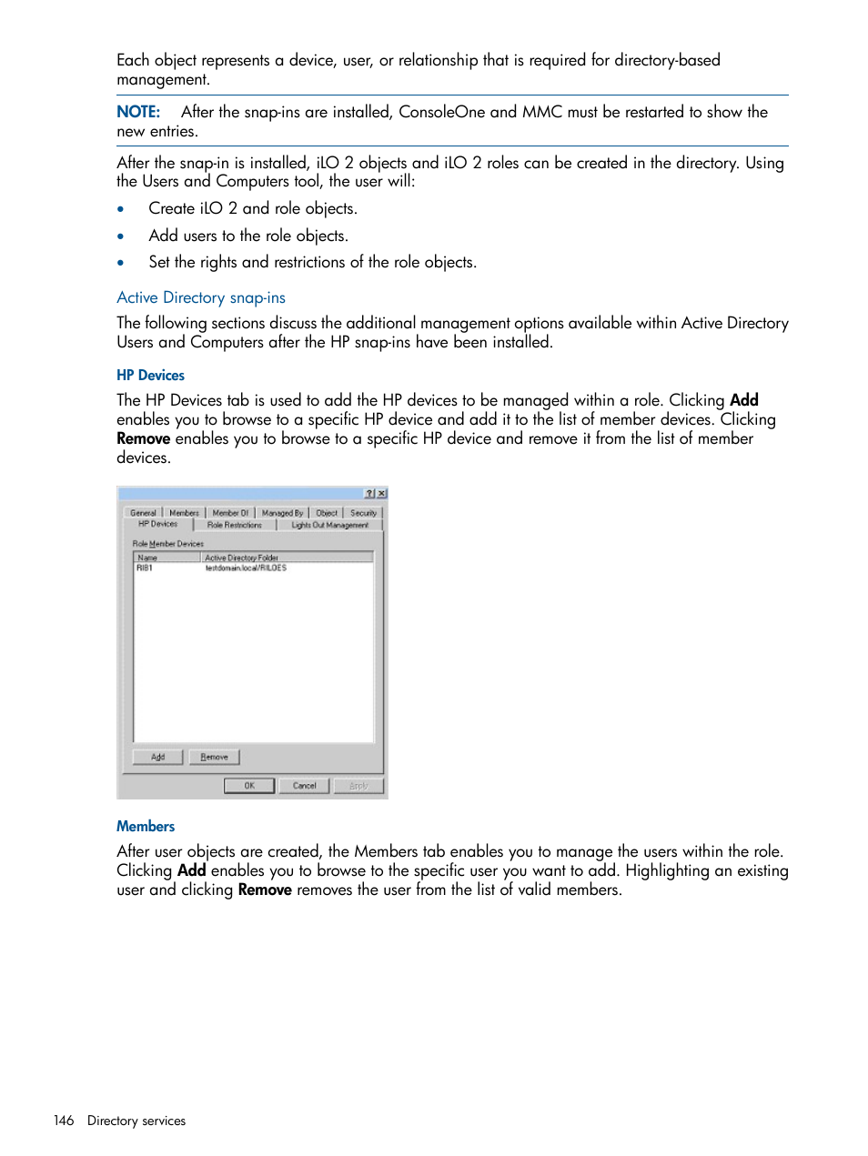 Active directory snap-ins, Hp devices, Members | HP Integrated Lights-Out 2 User Manual | Page 146 / 224