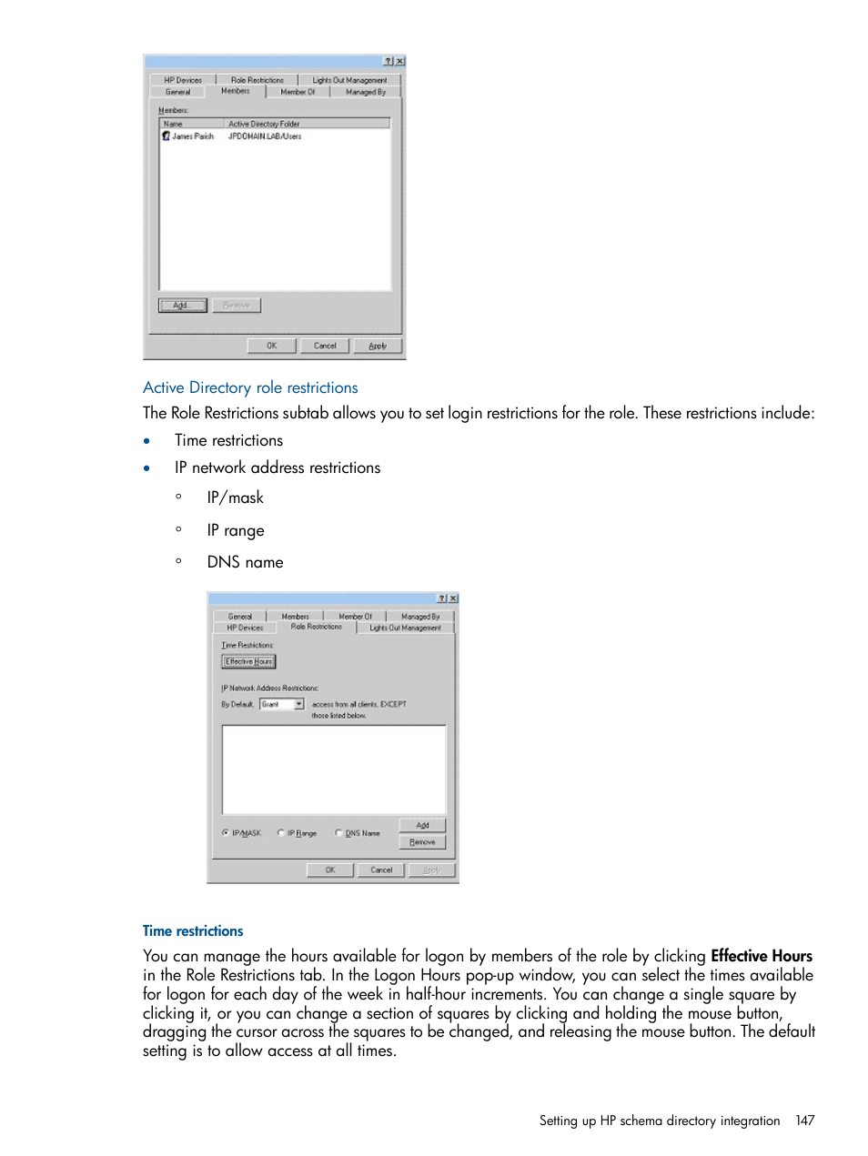 Active directory role restrictions, Time restrictions | HP Integrated Lights-Out 2 User Manual | Page 147 / 224