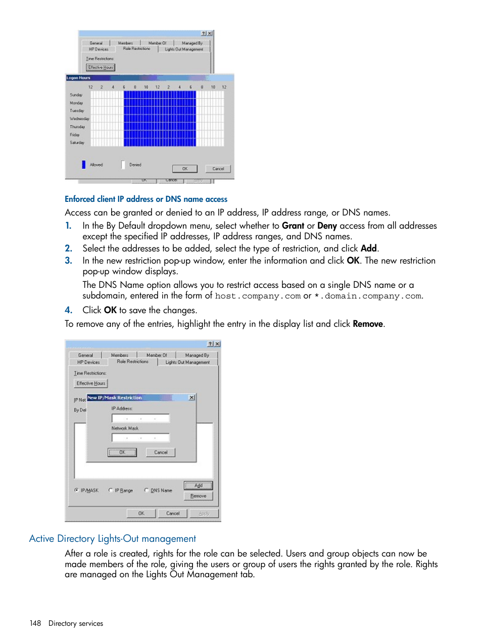 Enforced client ip address or dns name access, Active directory lights-out management | HP Integrated Lights-Out 2 User Manual | Page 148 / 224