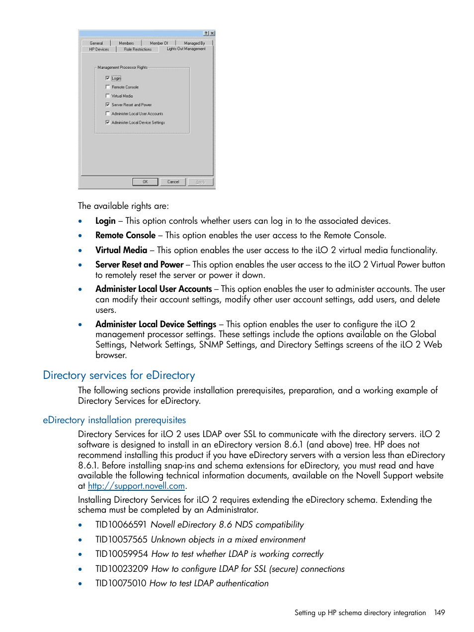 Directory services for edirectory, Edirectory installation prerequisites | HP Integrated Lights-Out 2 User Manual | Page 149 / 224