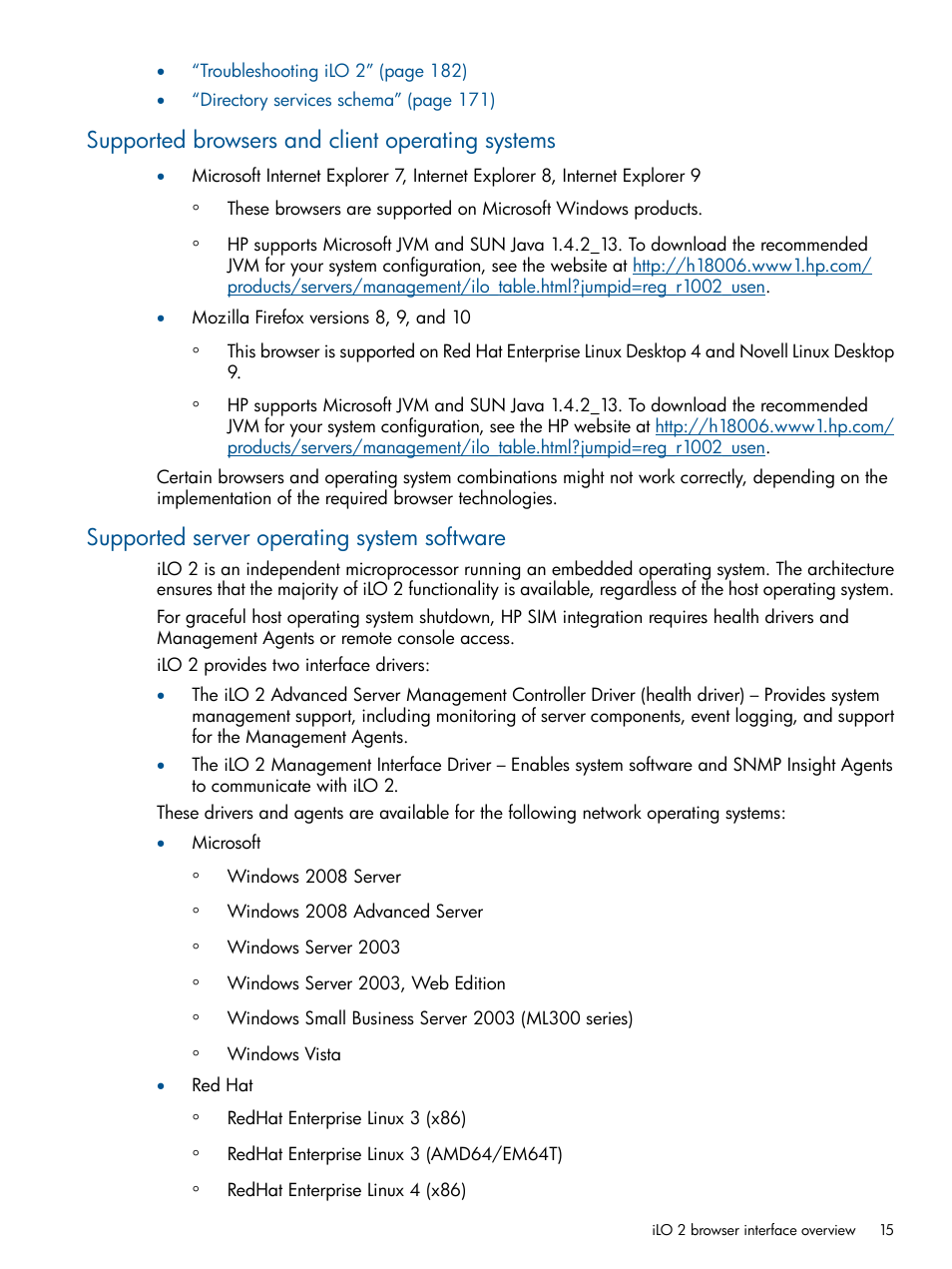 Supported browsers and client operating systems, Supported server operating system software | HP Integrated Lights-Out 2 User Manual | Page 15 / 224