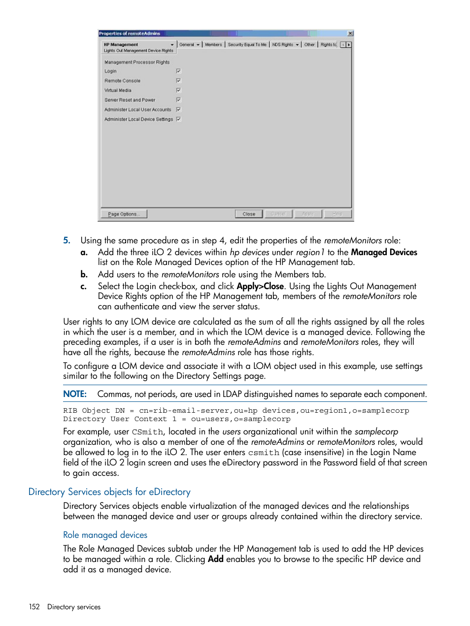 Directory services objects for edirectory, Role managed devices | HP Integrated Lights-Out 2 User Manual | Page 152 / 224