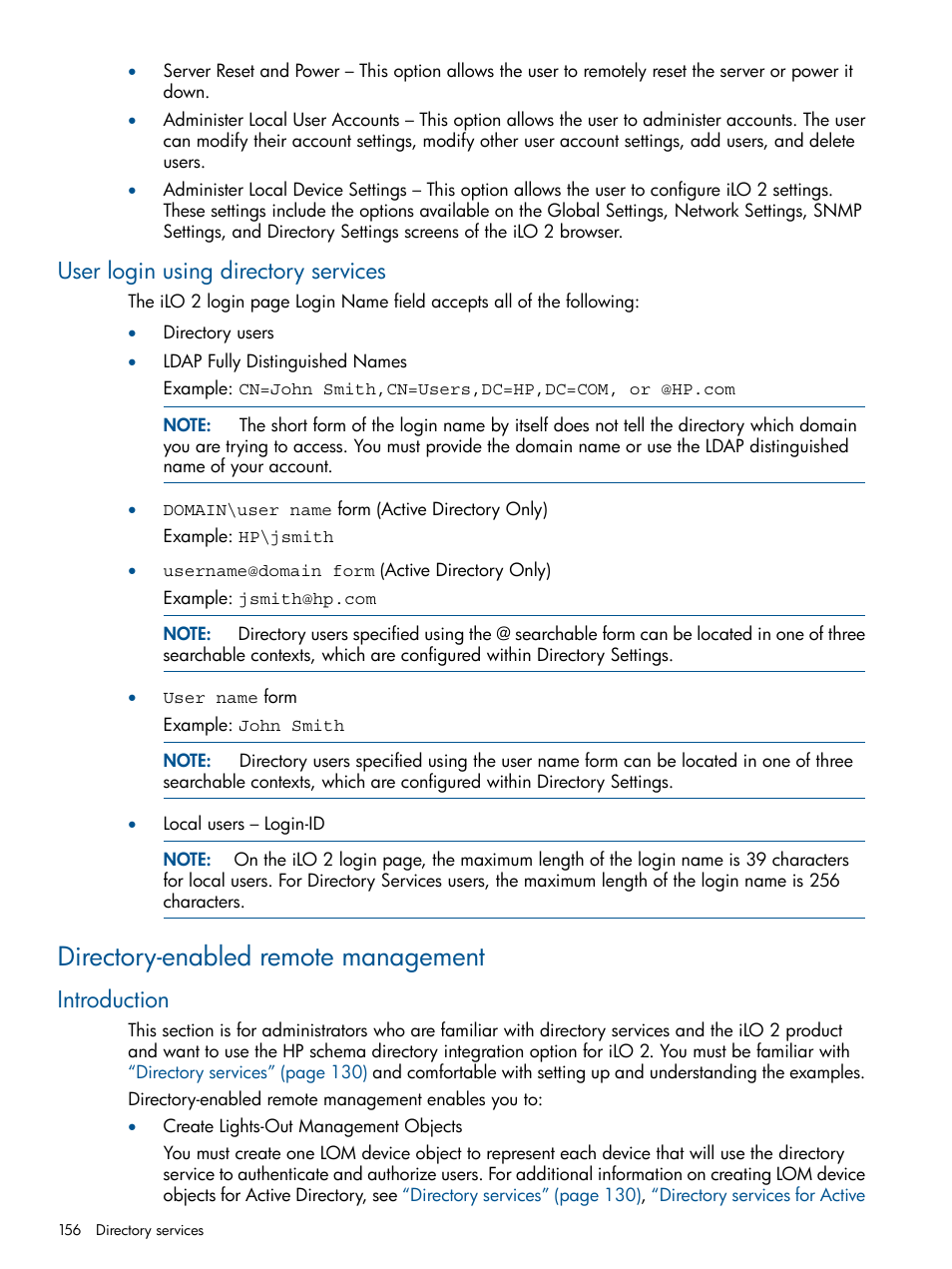 User login using directory services, Directory-enabled remote management, Introduction | Directory-enabled remote | HP Integrated Lights-Out 2 User Manual | Page 156 / 224