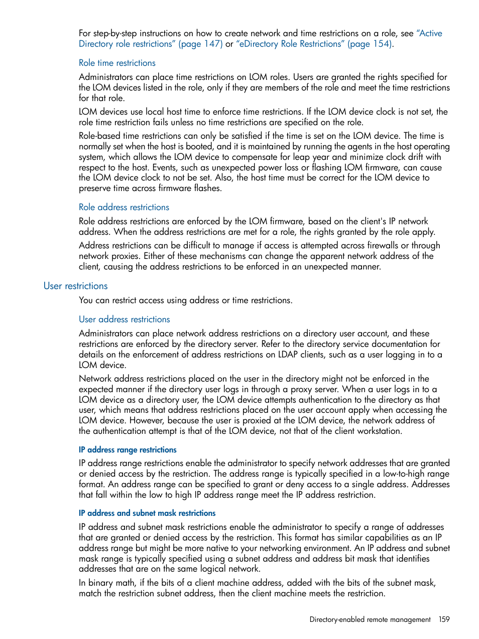 Role time restrictions, Role address restrictions, User restrictions | User address restrictions, Ip address range restrictions, Ip address and subnet mask restrictions, Role time restrictions role address restrictions | HP Integrated Lights-Out 2 User Manual | Page 159 / 224