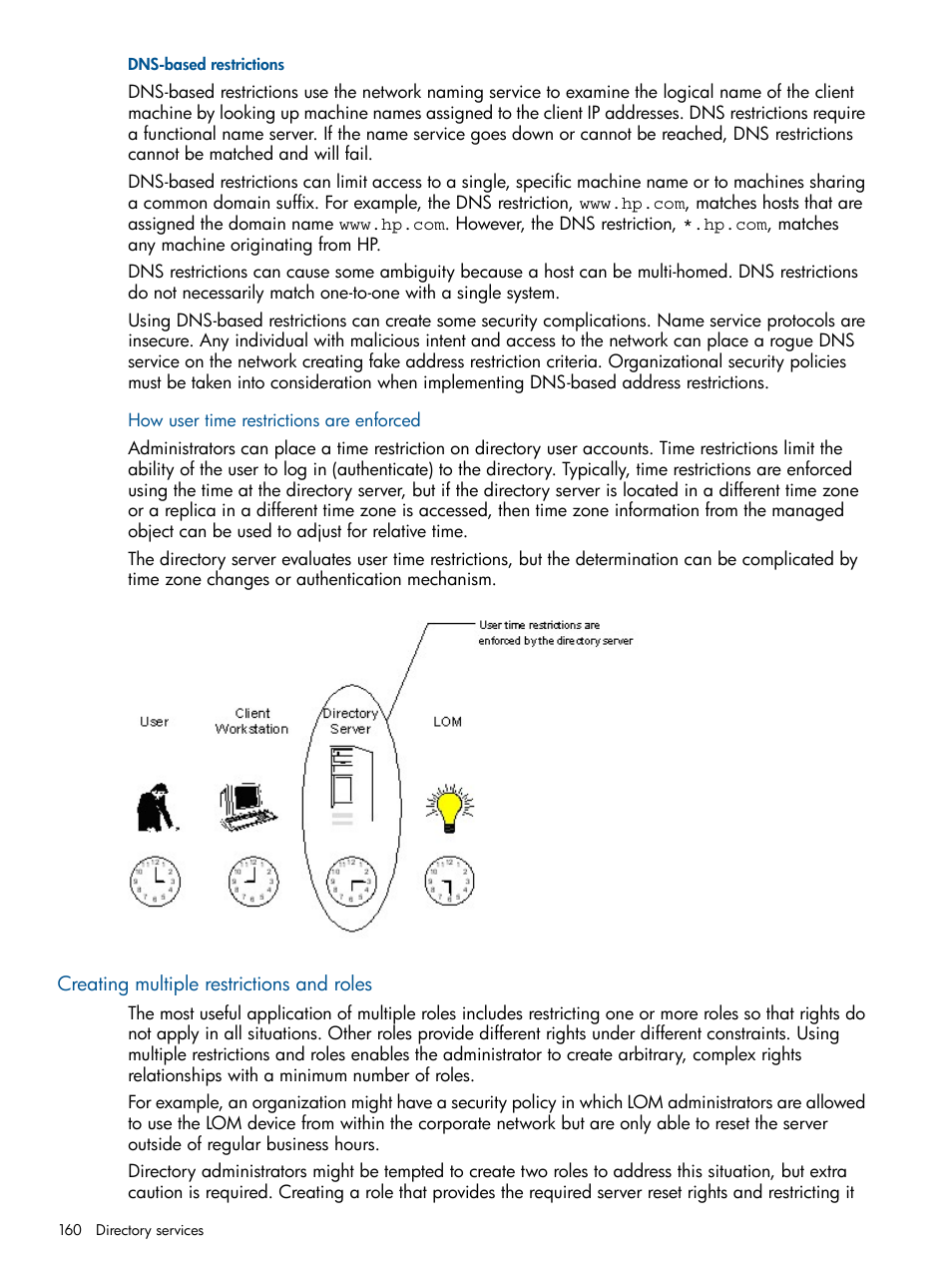 Dns-based restrictions, How user time restrictions are enforced, Creating multiple restrictions and roles | HP Integrated Lights-Out 2 User Manual | Page 160 / 224