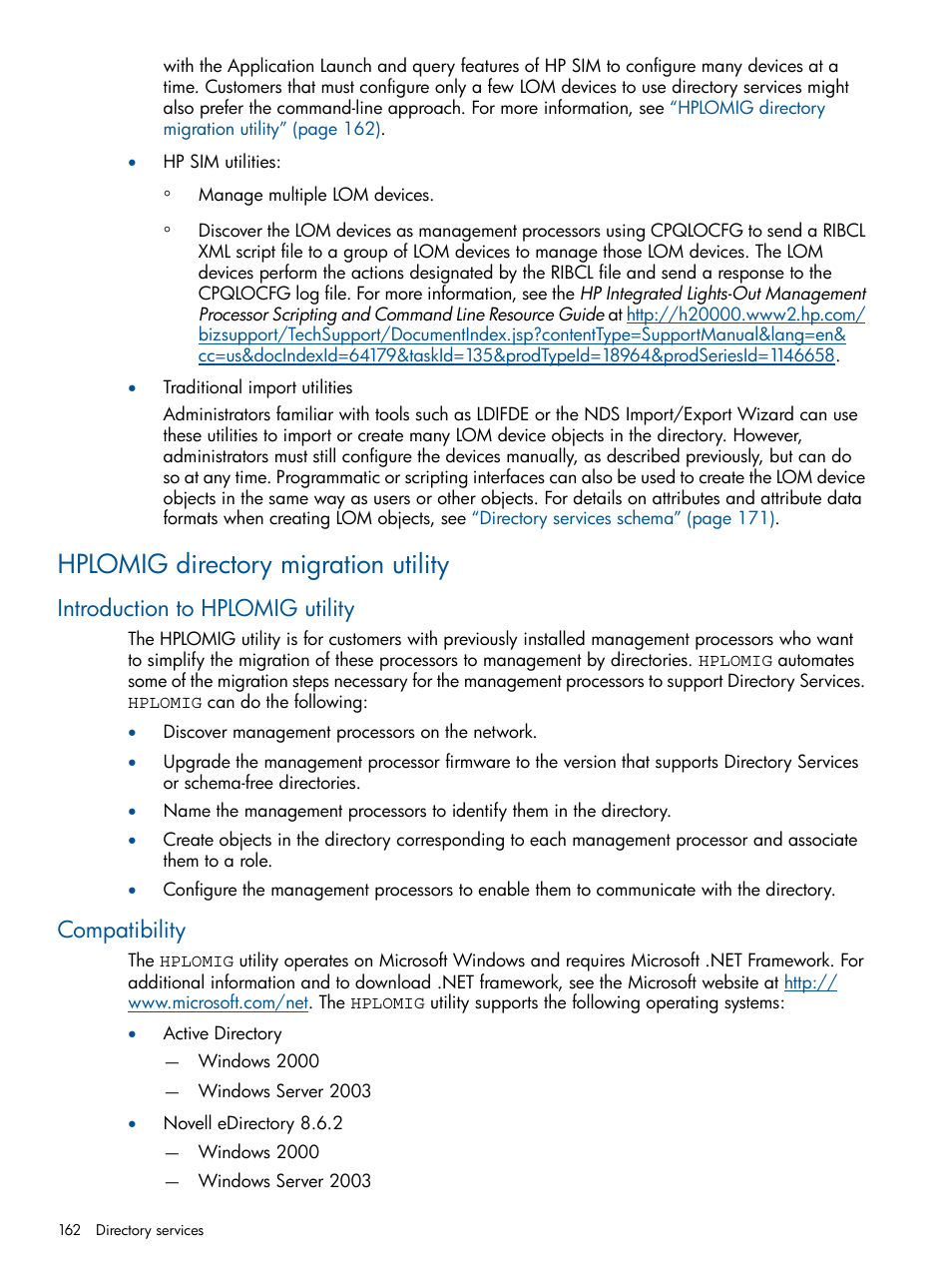 Hplomig directory migration utility, Introduction to hplomig utility, Compatibility | Introduction to hplomig utility compatibility, Hplomig directory migration | HP Integrated Lights-Out 2 User Manual | Page 162 / 224