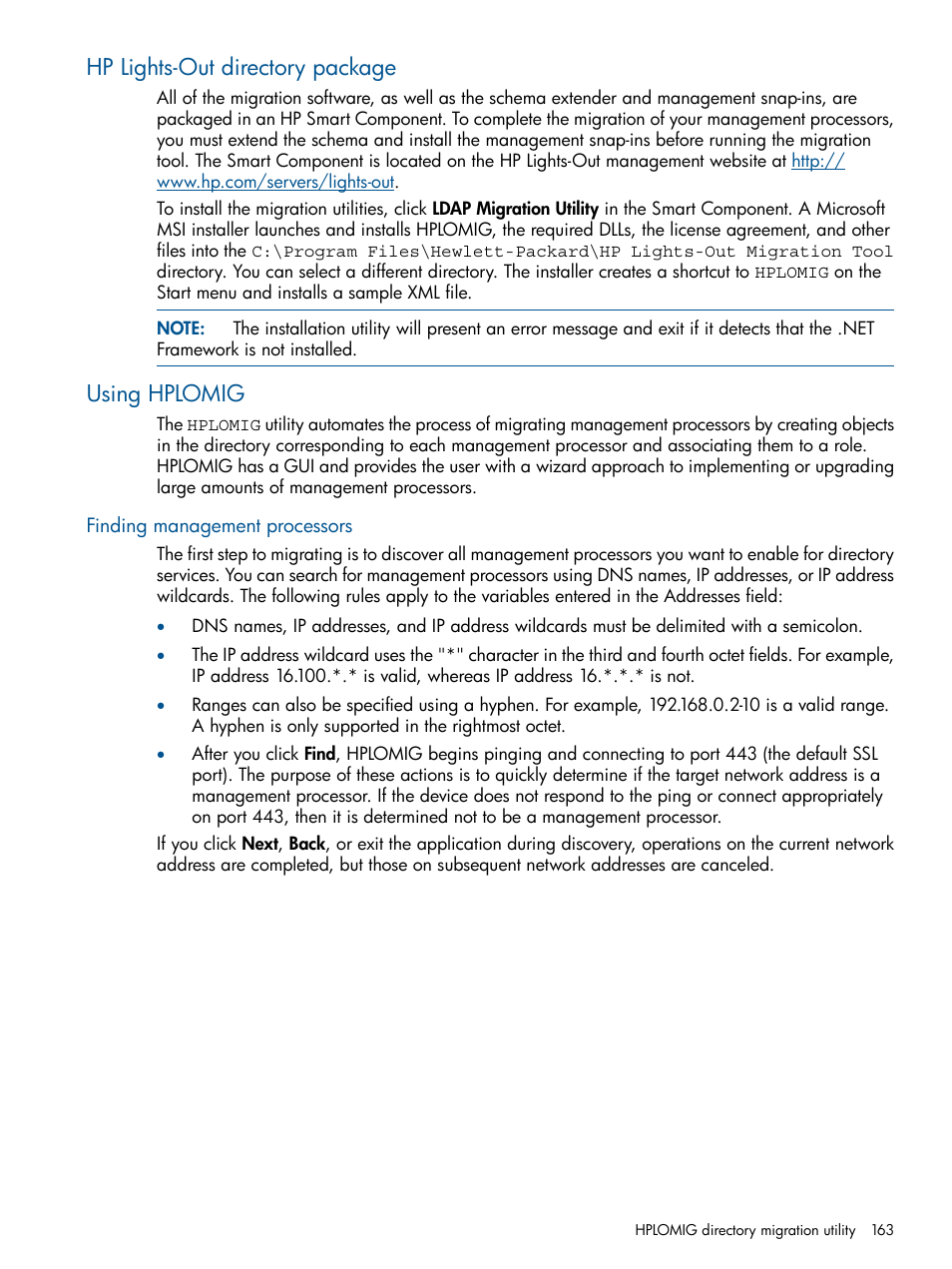 Hp lights-out directory package, Using hplomig, Finding management processors | Hp lights-out directory package using hplomig | HP Integrated Lights-Out 2 User Manual | Page 163 / 224