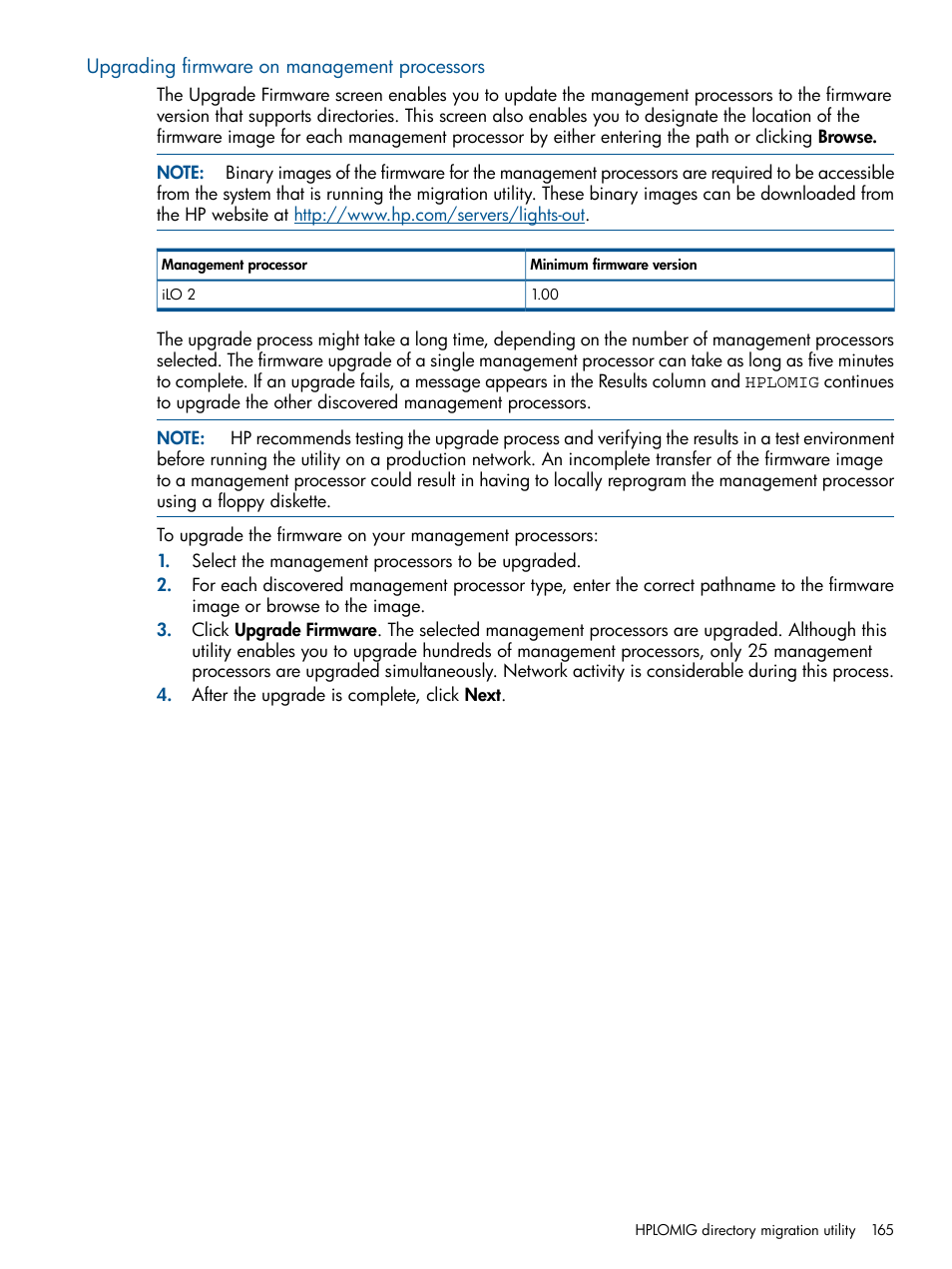 Upgrading firmware on management processors | HP Integrated Lights-Out 2 User Manual | Page 165 / 224