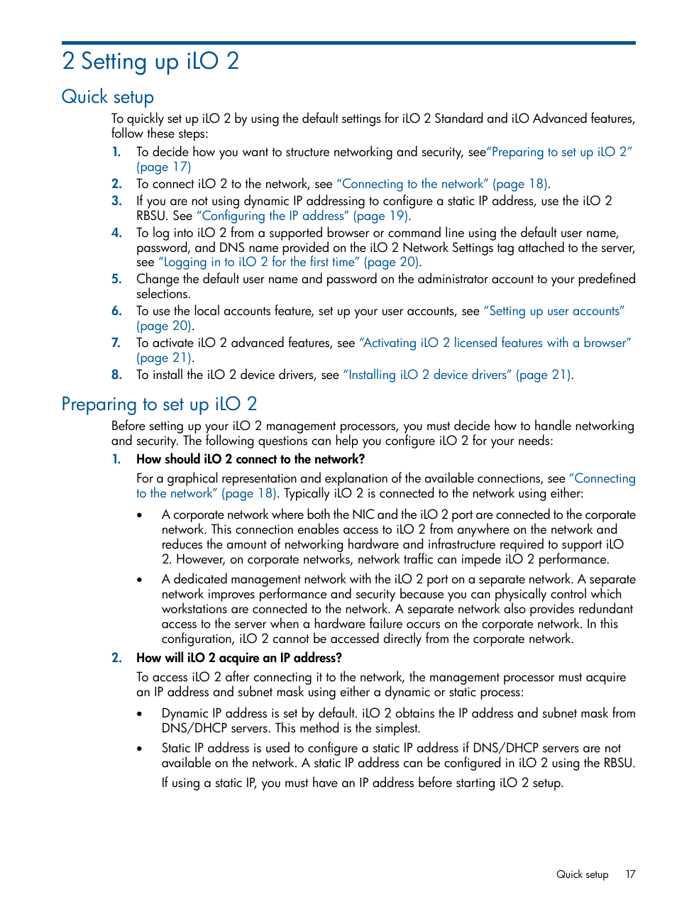 2 setting up ilo 2, Quick setup, Preparing to set up ilo 2 | Quick setup preparing to set up ilo 2 | HP Integrated Lights-Out 2 User Manual | Page 17 / 224