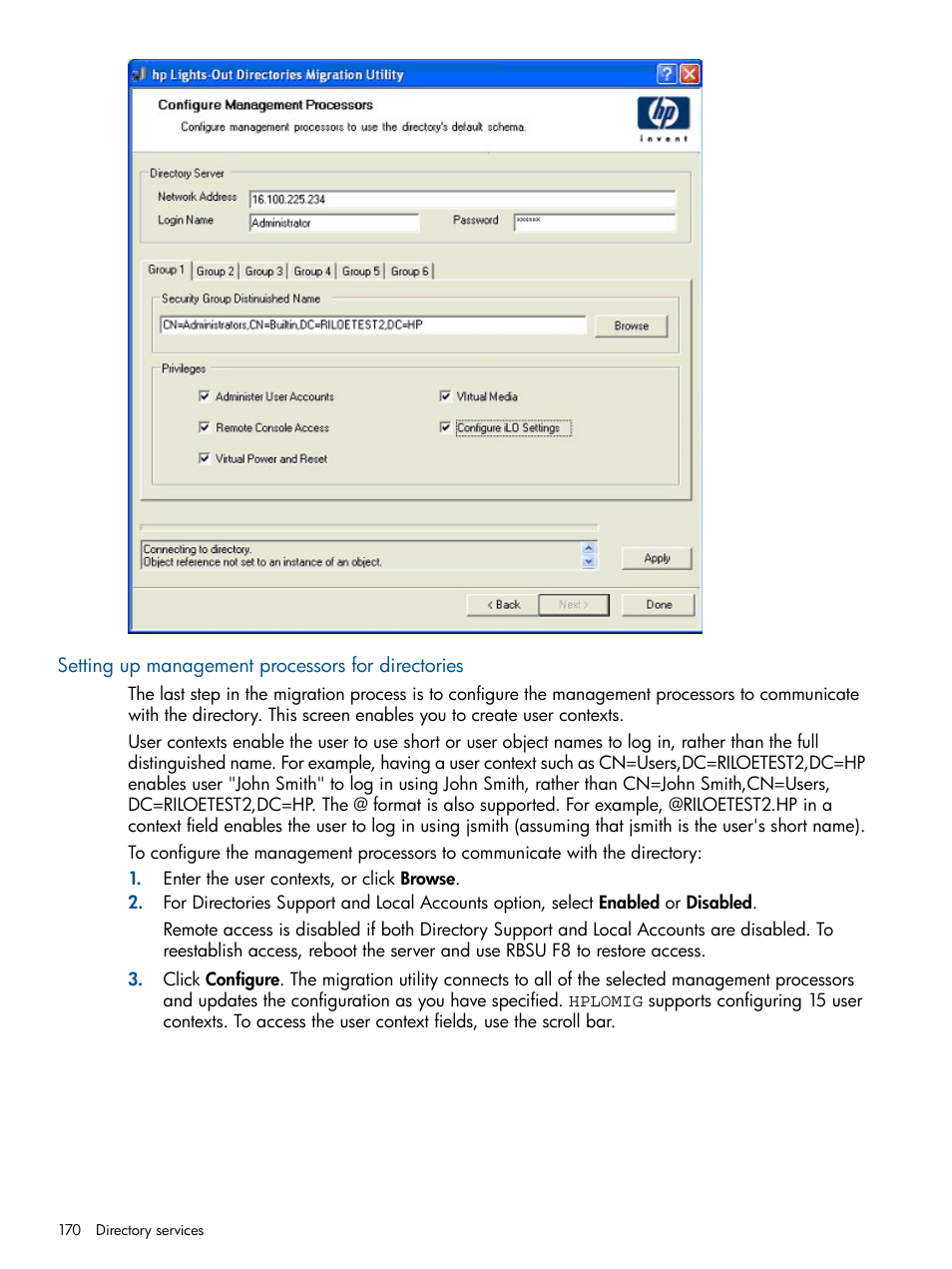 Setting up management processors for directories | HP Integrated Lights-Out 2 User Manual | Page 170 / 224