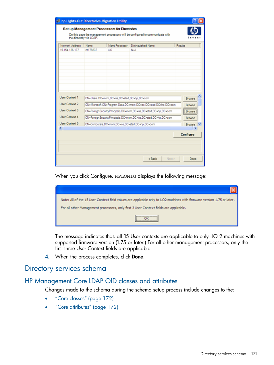 Directory services schema, Hp management core ldap oid classes and attributes | HP Integrated Lights-Out 2 User Manual | Page 171 / 224