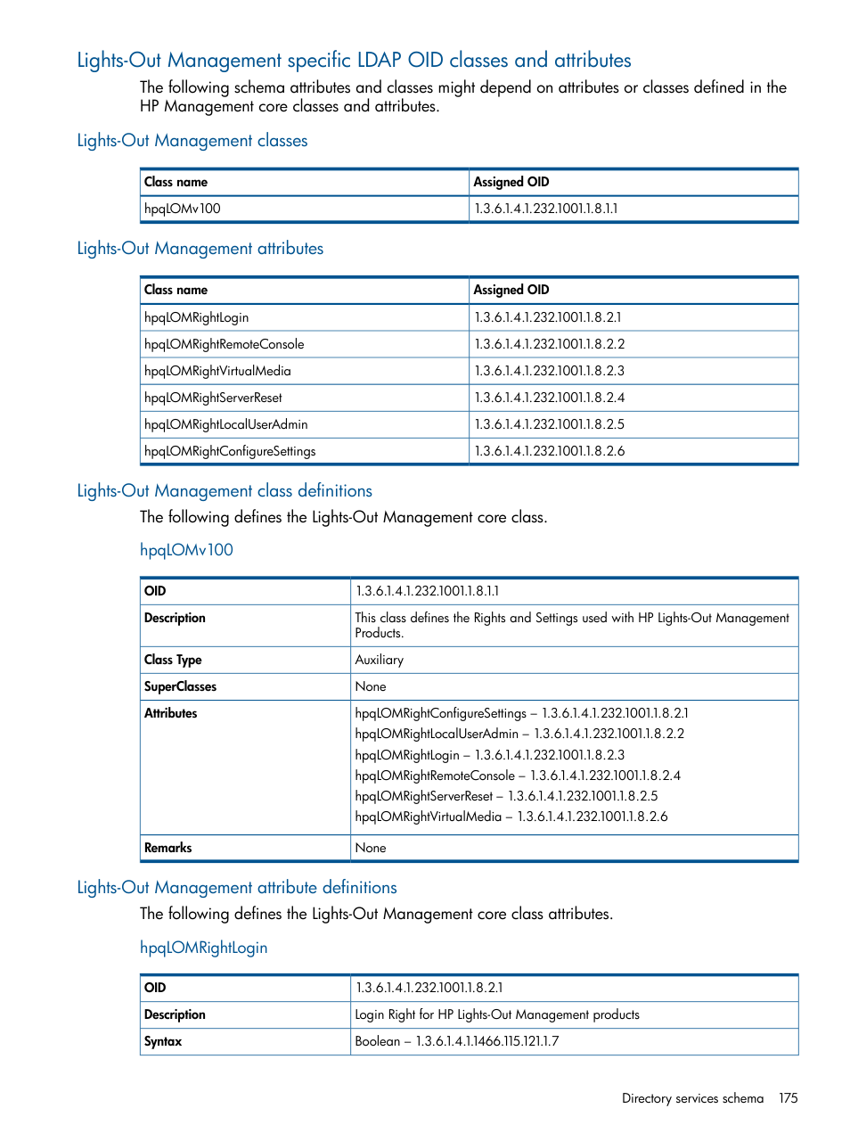 Lights-out management classes, Lights-out management attributes, Lights-out management class definitions | Hpqlomv100, Lights-out management attribute definitions, Hpqlomrightlogin | HP Integrated Lights-Out 2 User Manual | Page 175 / 224