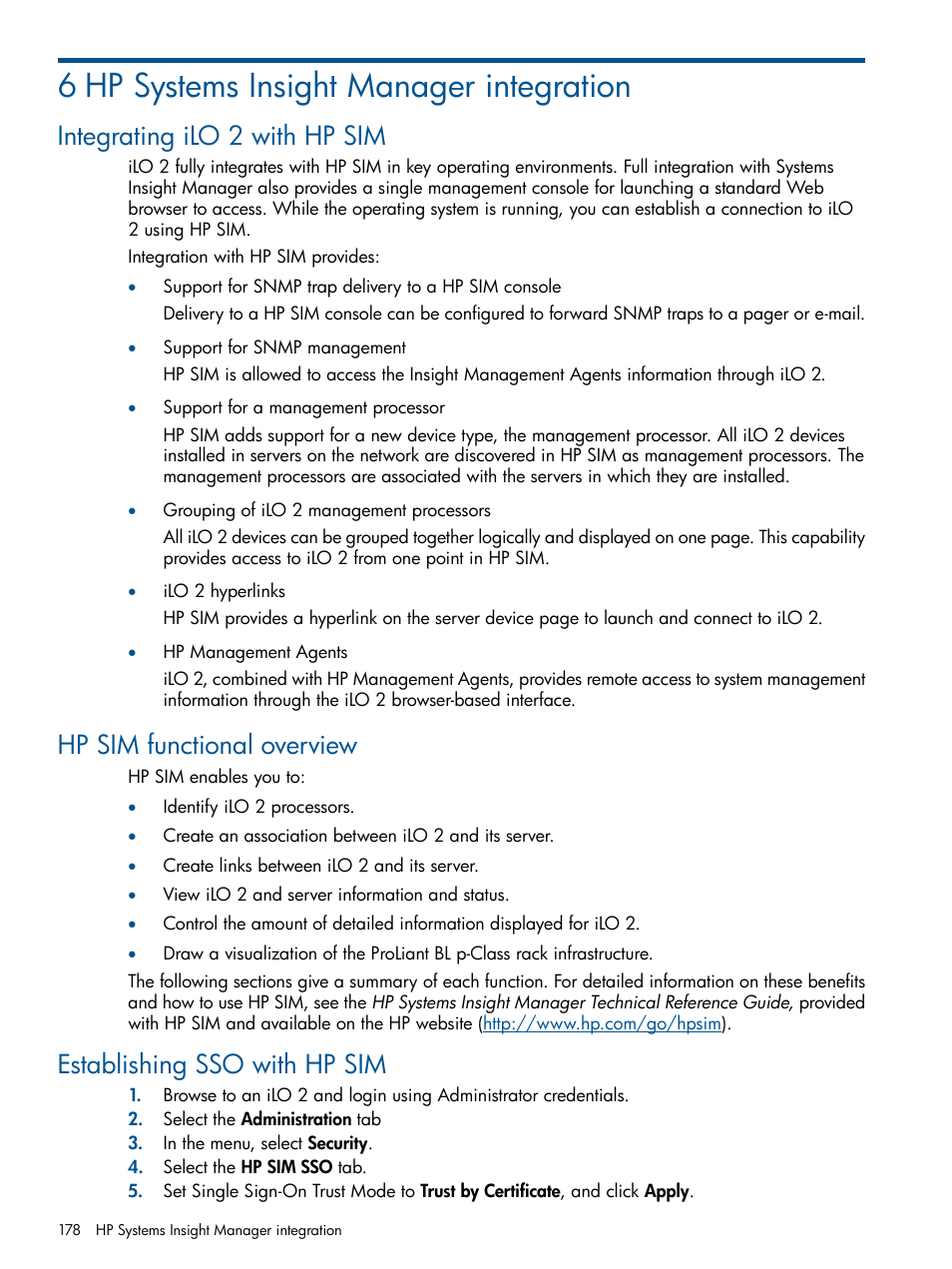 6 hp systems insight manager integration, Integrating ilo 2 with hp sim, Hp sim functional overview | Establishing sso with hp sim | HP Integrated Lights-Out 2 User Manual | Page 178 / 224