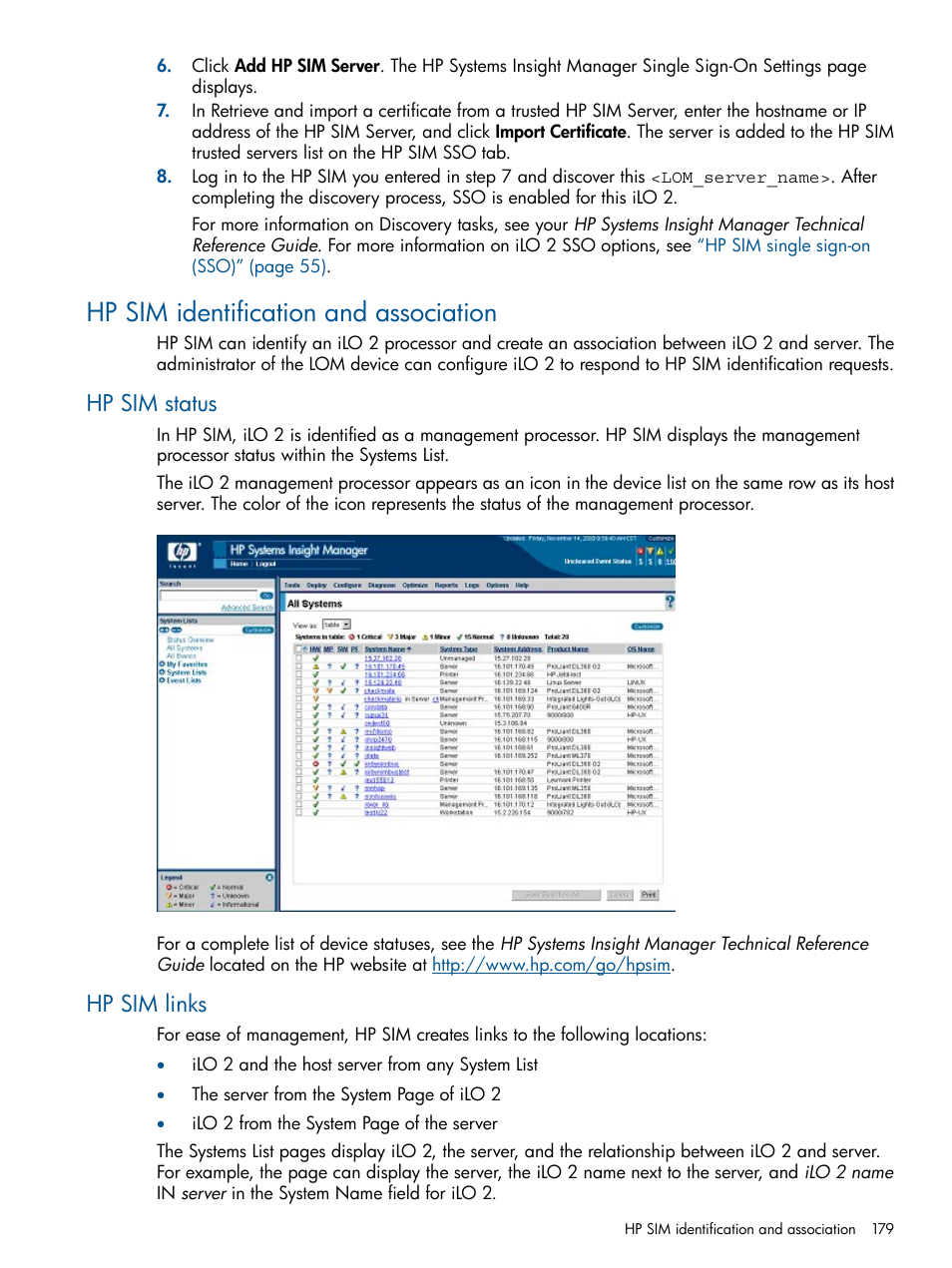 Hp sim identification and association, Hp sim status, Hp sim links | Hp sim status hp sim links | HP Integrated Lights-Out 2 User Manual | Page 179 / 224