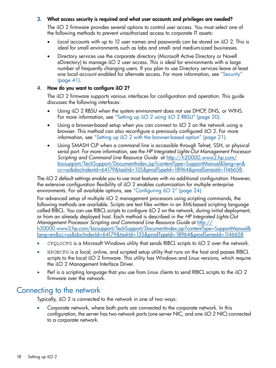 Connecting to the network, Connecting | HP Integrated Lights-Out 2 User Manual | Page 18 / 224