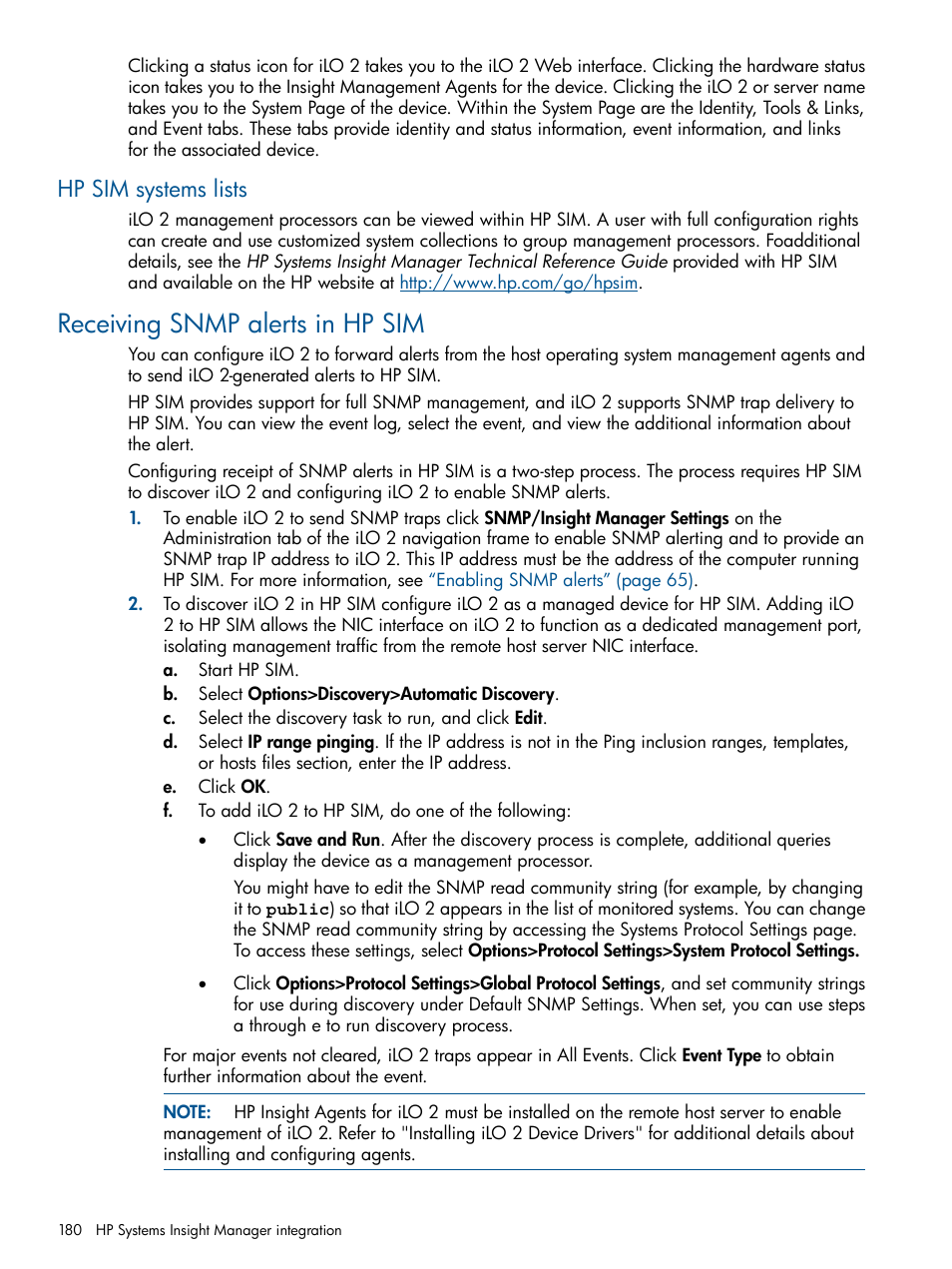 Hp sim systems lists, Receiving snmp alerts in hp sim | HP Integrated Lights-Out 2 User Manual | Page 180 / 224