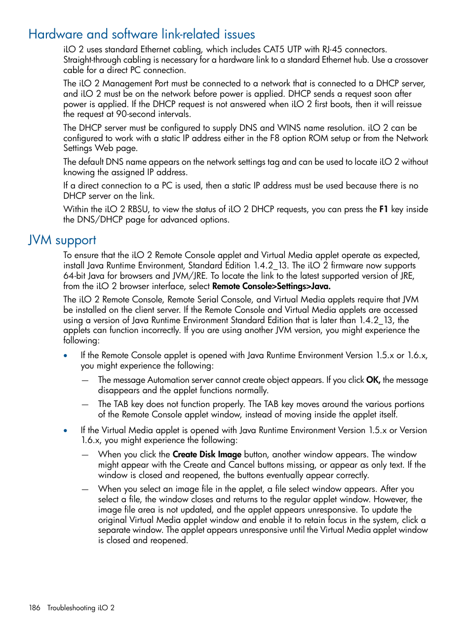 Hardware and software link-related issues, Jvm support | HP Integrated Lights-Out 2 User Manual | Page 186 / 224