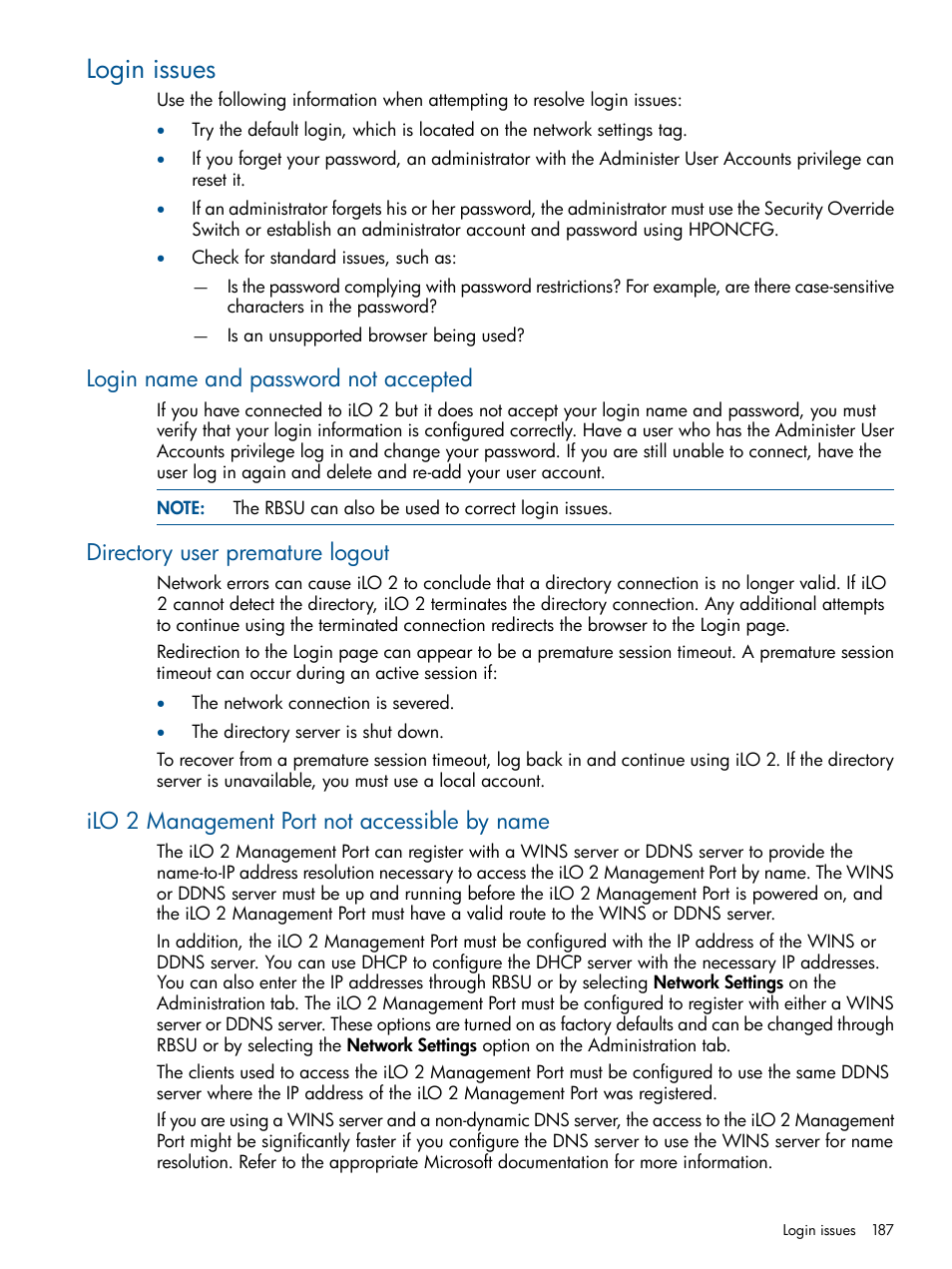 Login issues, Login name and password not accepted, Directory user premature logout | Ilo 2 management port not accessible by name | HP Integrated Lights-Out 2 User Manual | Page 187 / 224