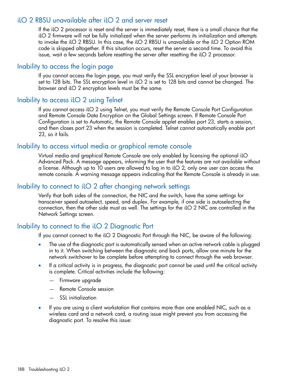 Inability to access ilo 2 using telnet, Inability to connect to the ilo 2 diagnostic port, Inability to access the login page | HP Integrated Lights-Out 2 User Manual | Page 188 / 224