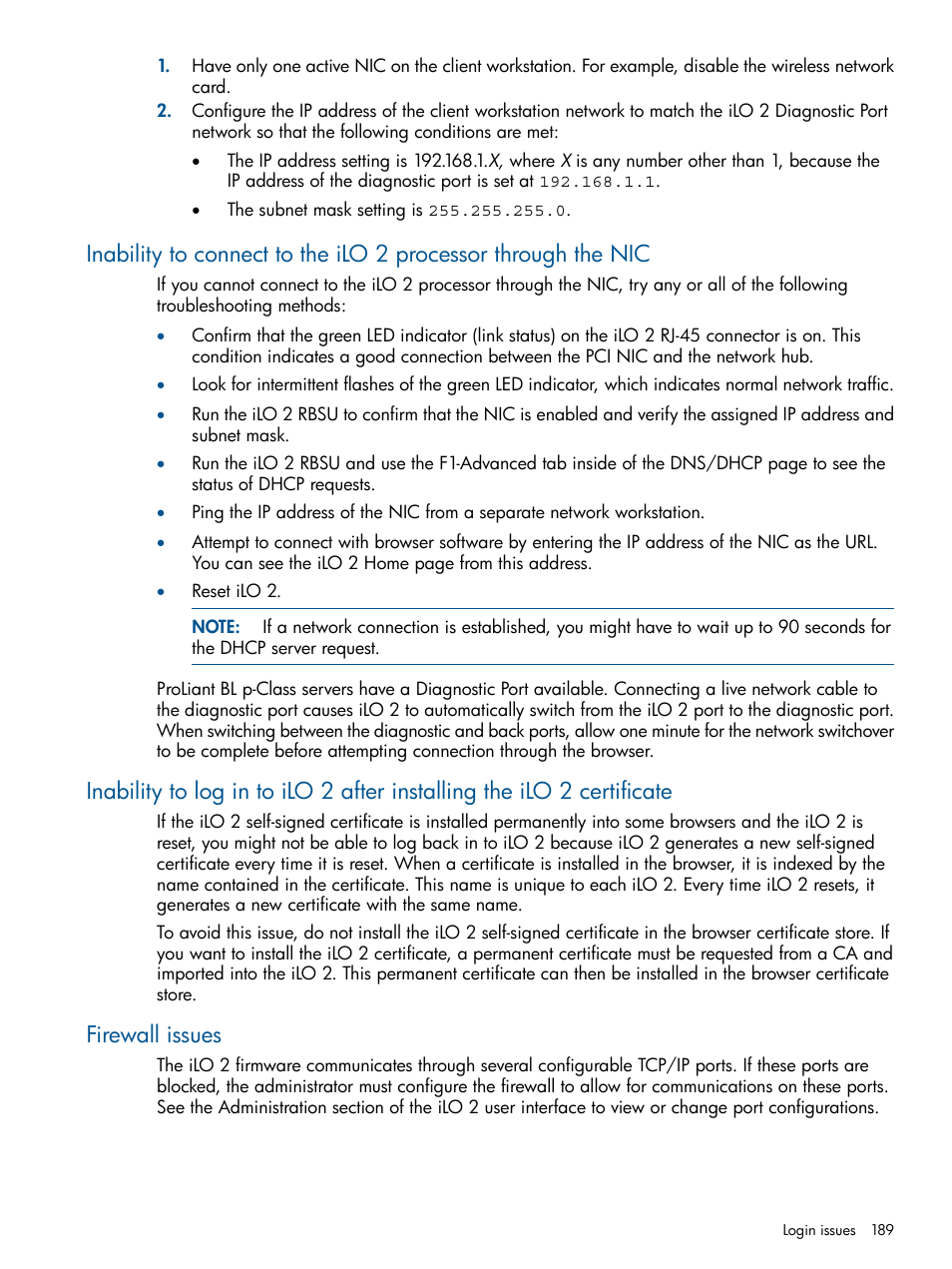 Firewall issues | HP Integrated Lights-Out 2 User Manual | Page 189 / 224