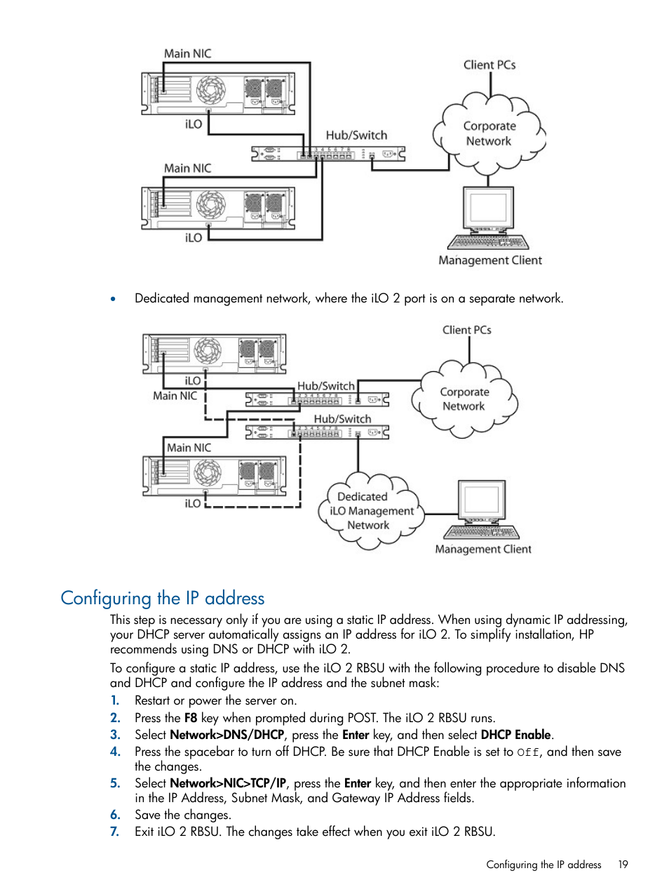 Configuring the ip address | HP Integrated Lights-Out 2 User Manual | Page 19 / 224