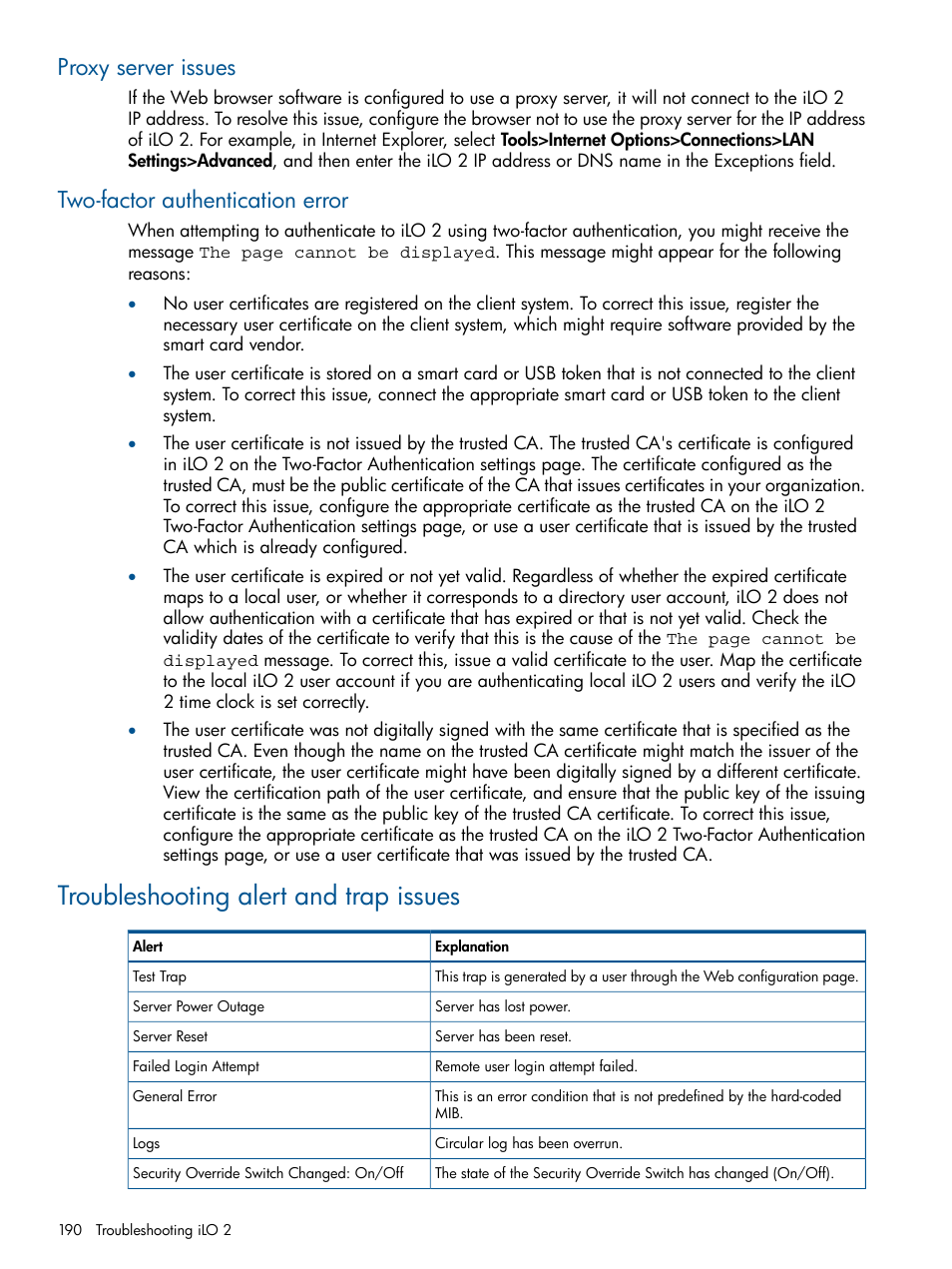 Proxy server issues, Two-factor authentication error, Troubleshooting alert and trap issues | HP Integrated Lights-Out 2 User Manual | Page 190 / 224