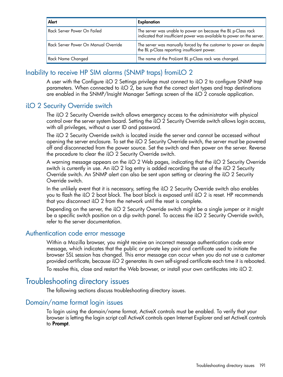 Ilo 2 security override switch, Authentication code error message, Troubleshooting directory issues | Domain/name format login issues | HP Integrated Lights-Out 2 User Manual | Page 191 / 224